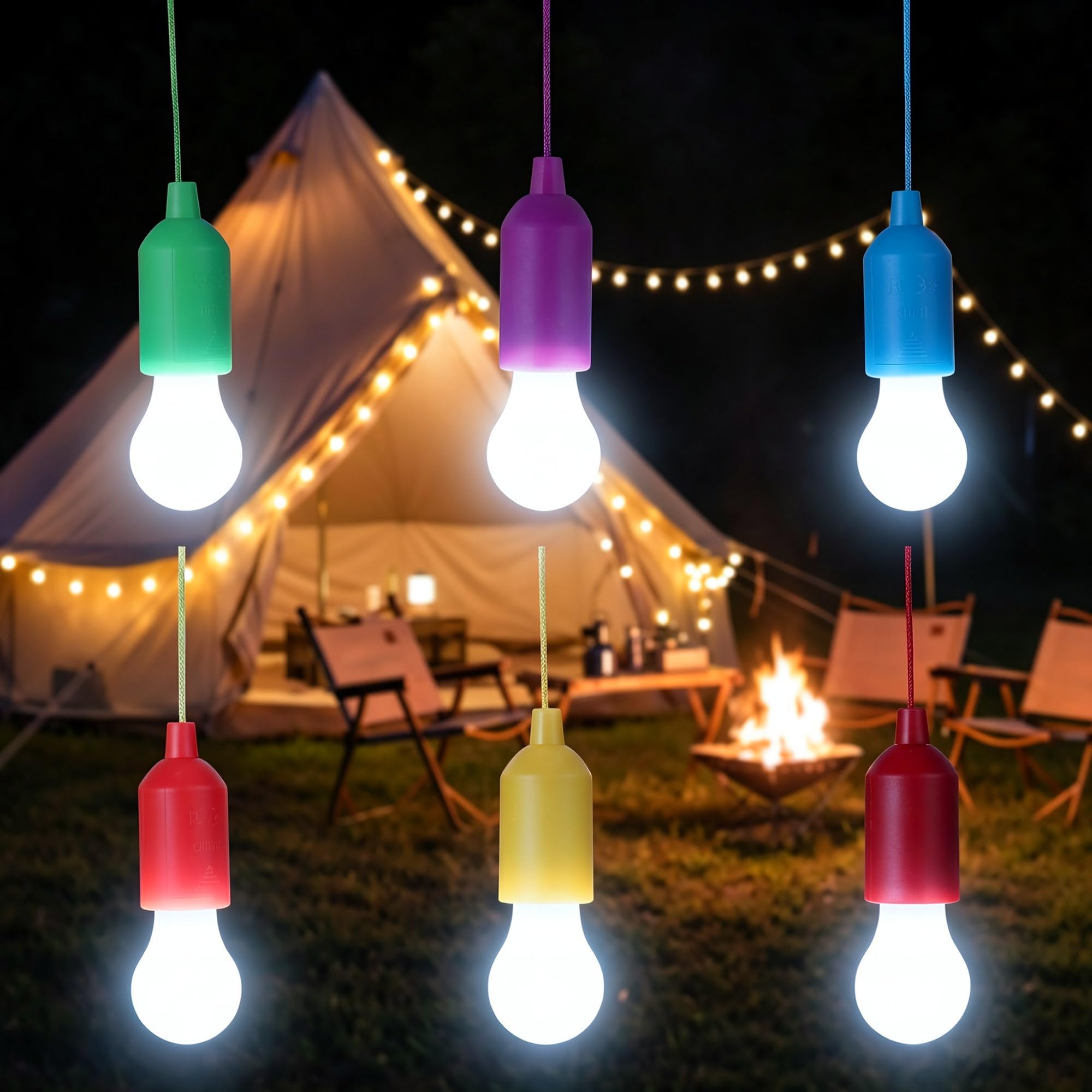 6 Pcs Camping Lights Battery Powered LED Tent Lights Portable Camping Lantern Pull Cord Light Bulb Outdoor Hanging Lamp Waterproof Garden Parties Decoration