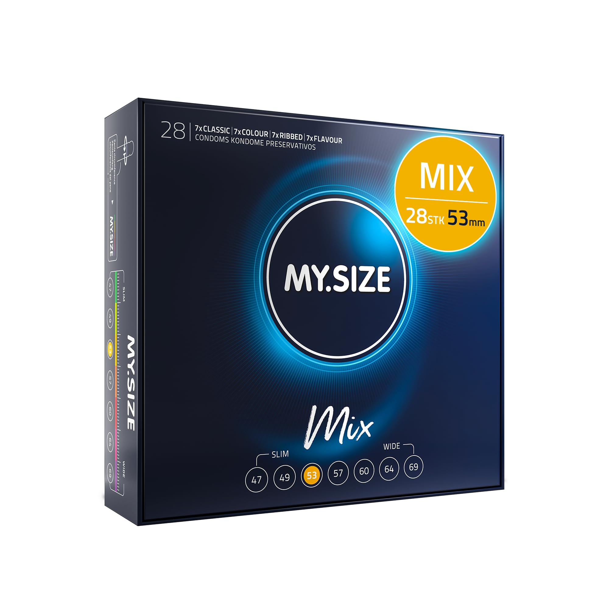 MY.SIZE Mix Premium Kondome Größe 3, 53 mm – 28 Stück | 4 Varianten: Classic, Genoppt, Blau & Rot | Großpackung
