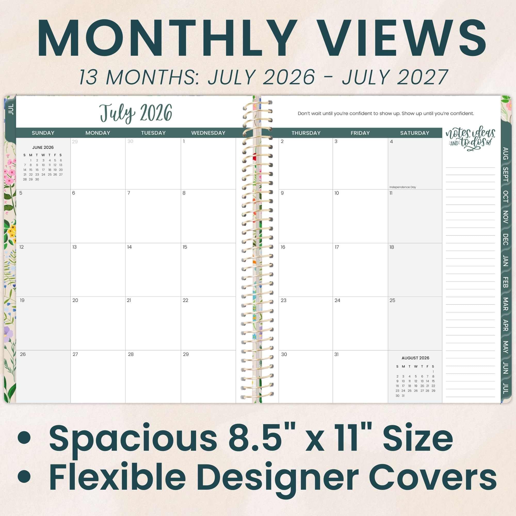 bloom daily planners Agenda 2026-2027 (21,6 x 27,9 cm) per l'anno accademico (luglio 2026 - luglio 2027), agenda settimanale e mensile, con adesivi e linguette, per feste in giardino, beige