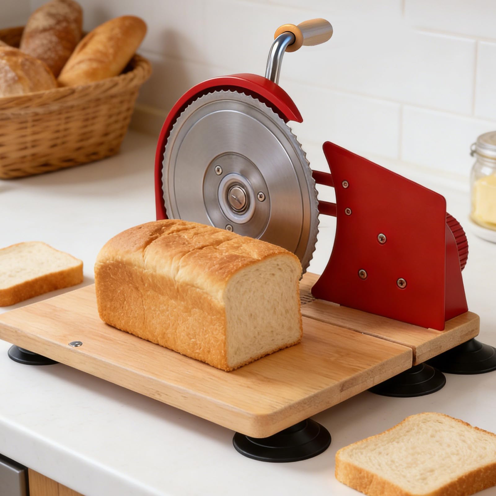 Luocute Manueller Brotschneider, Edelstahlklingen mit Einstellbarer Dicke für Gleichmäßiges Schneiden, mit Ergonomischem Griff für Sauerteig-Sandwiches, Toastbrot, Aufbewahrung von (Rot)
