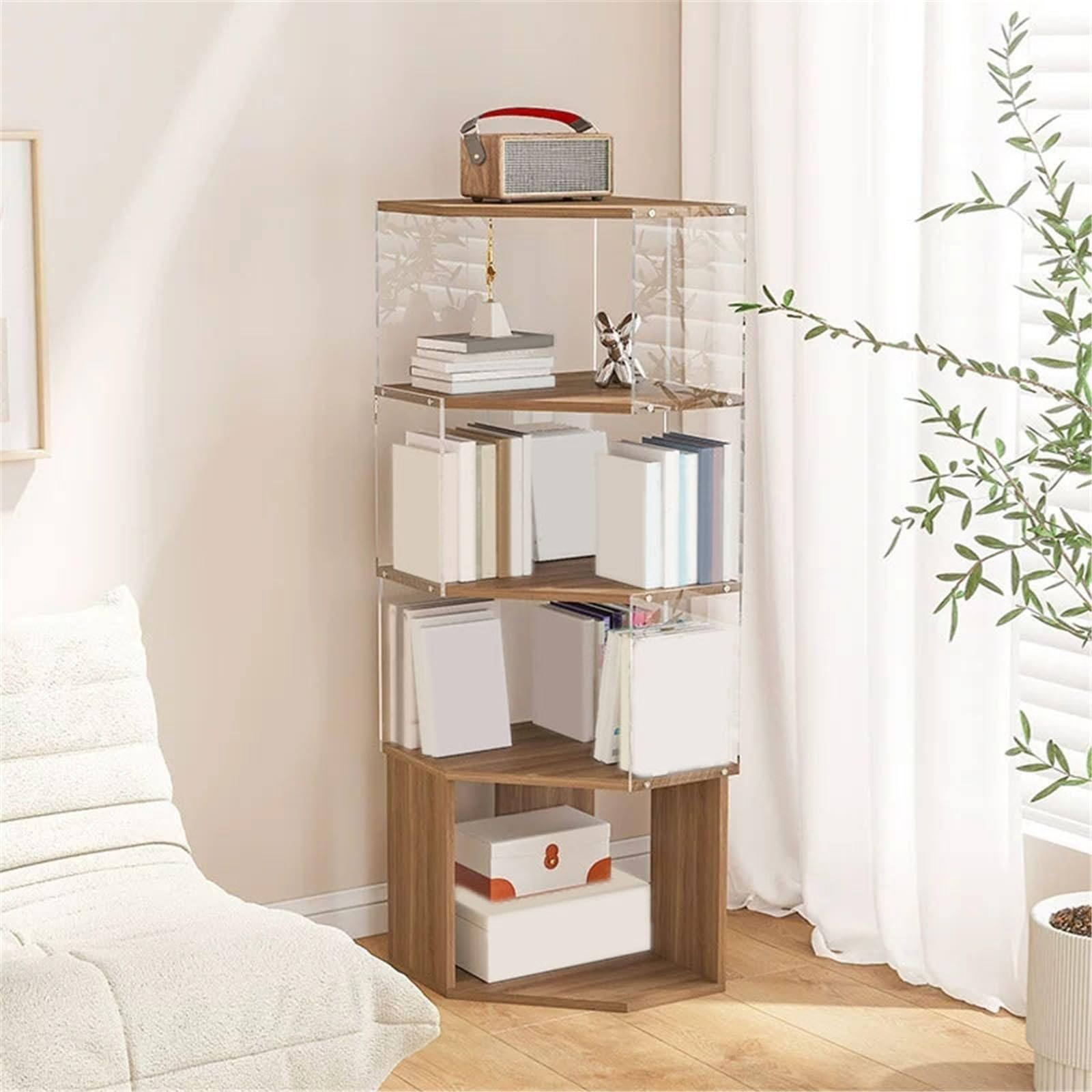 Vitrinenregale Mehrzweck-Bücherregal mit 4 Ebenen aus Acryl und Holz for die Wohnzimmerecke freistehend