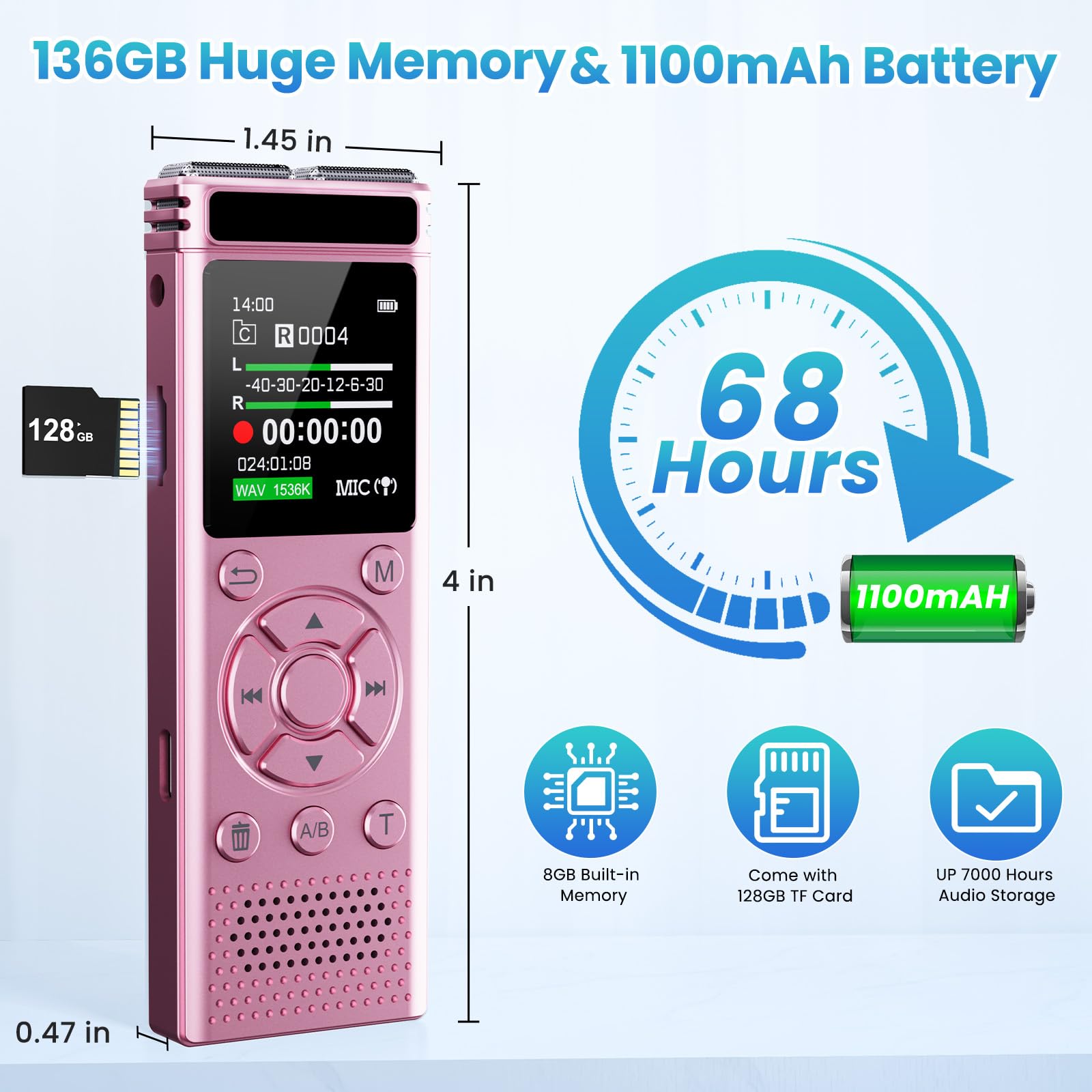 Grabadora de voz digital de 136 GB con reproducción, dispositivo de grabación de audio de 9000 horas, grabadora activada por voz con reducción de ruido, repetición A-B, reproductor de MP3 y contraseña