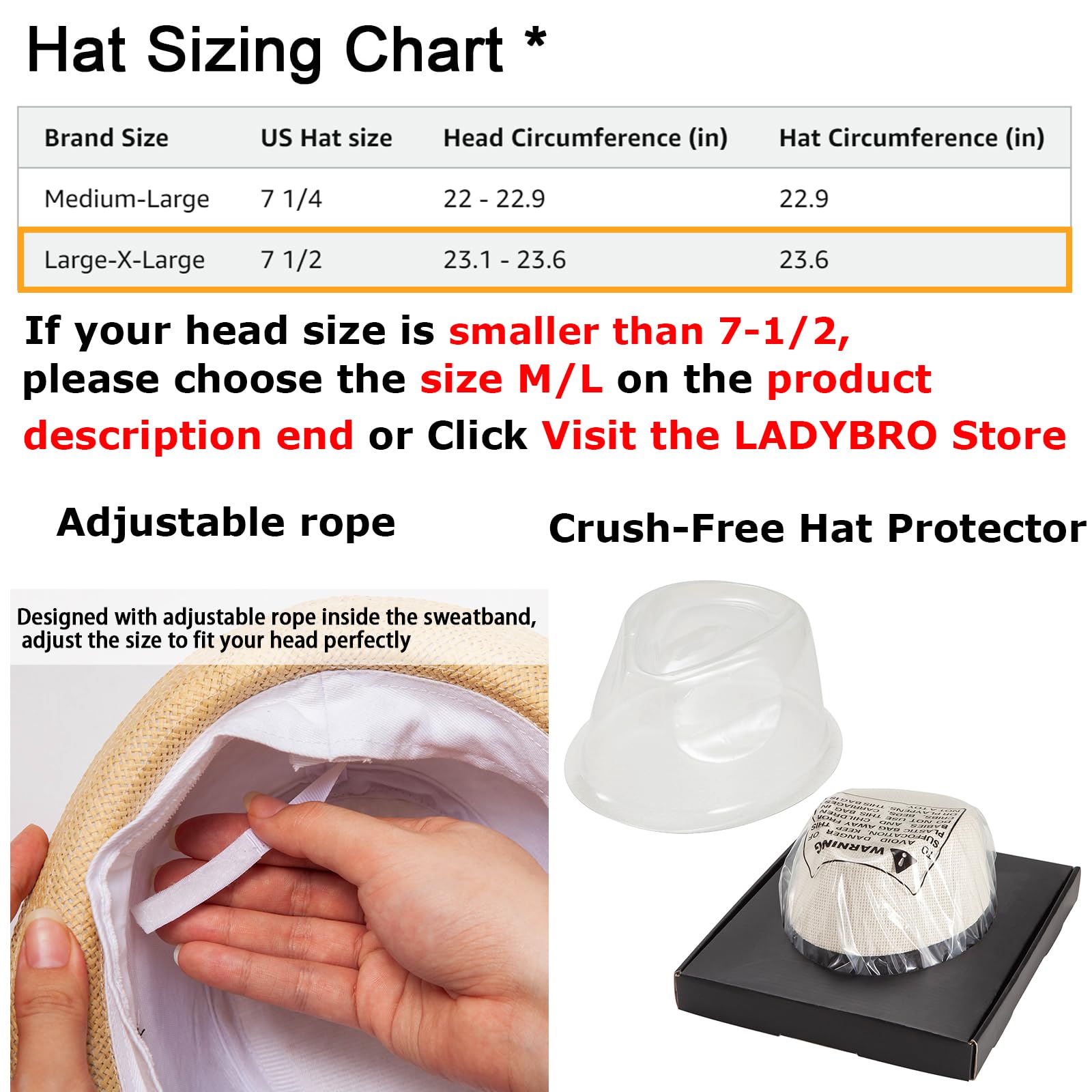 LADYBRO Chapeaux Fedora de paille XL pour homme, été, trilby, plage, voyage, Panama, décontracté, 7 1/2