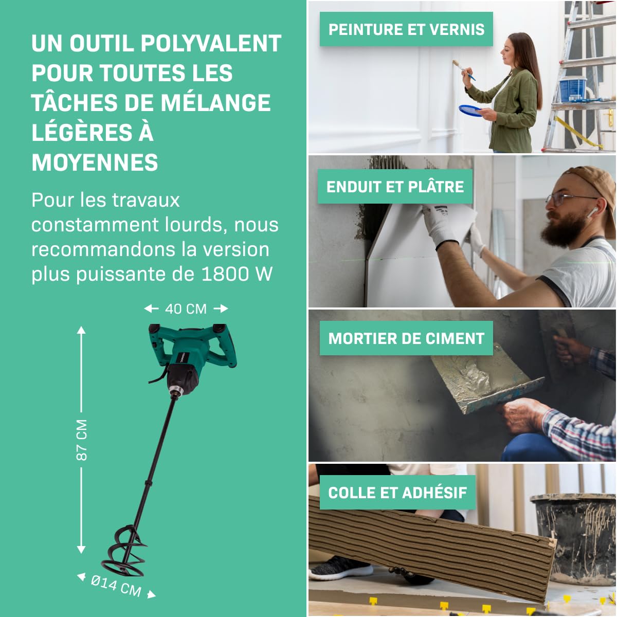 VONROC Mélangeur peinture/béton 1200 W - 2 vitesses - Pour peinture, plâtre, papier peint, ciment - Régulateur vitesse constante - Câble caoutchouc 3m - Agitateur 120x600mm inclus - Couleur Verte