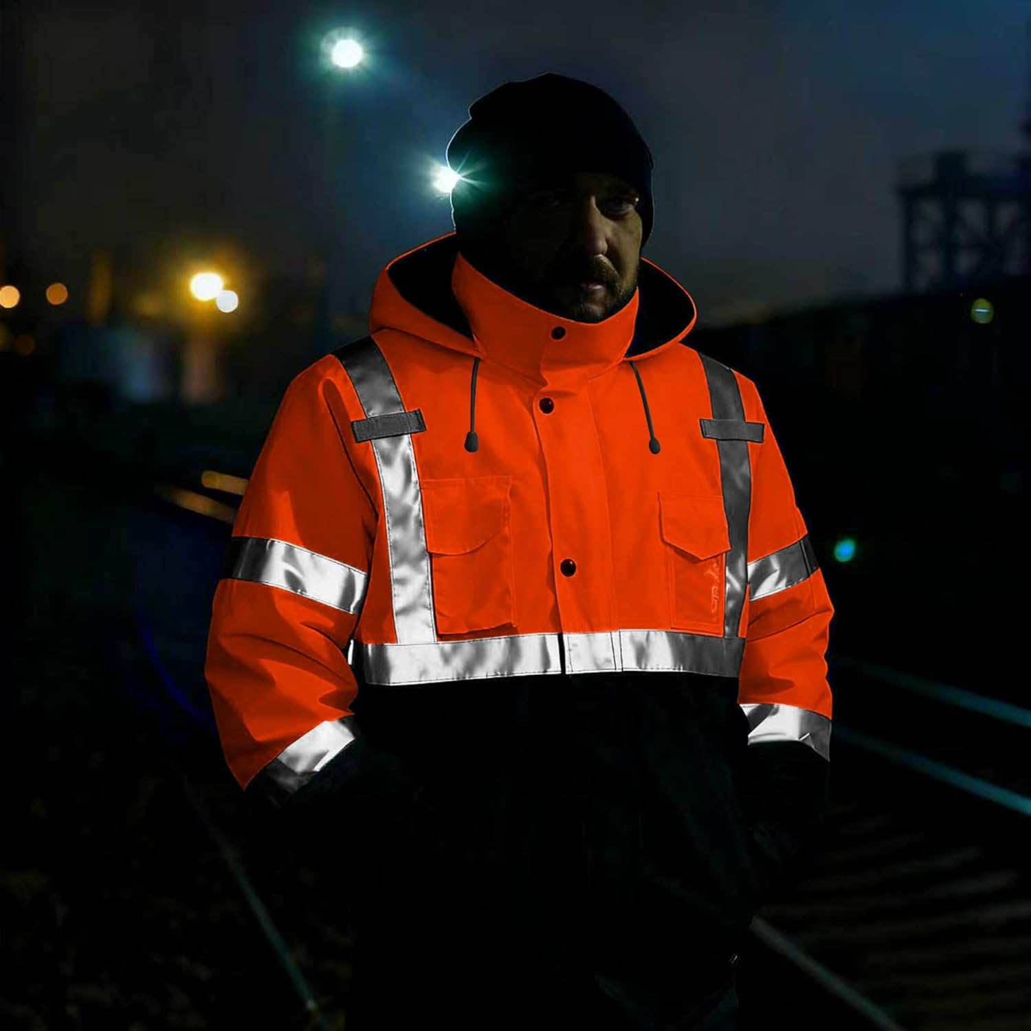 FATONE Hi Vis Jackets for Men Reflective Safety, Construction Worker Winter Coat Waterproof with Black Bottom ANSI/ISEA, Orange XL - Image 2