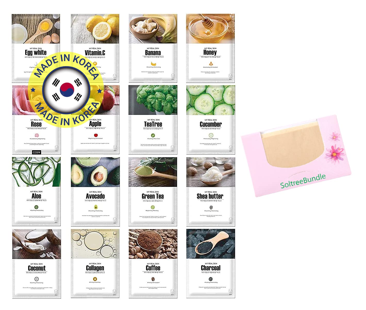 16 Sheets Korean My Real Skin Facial Mask (16 types) Hydrating Full Face Masks Oil Blotting Paper 50pcs