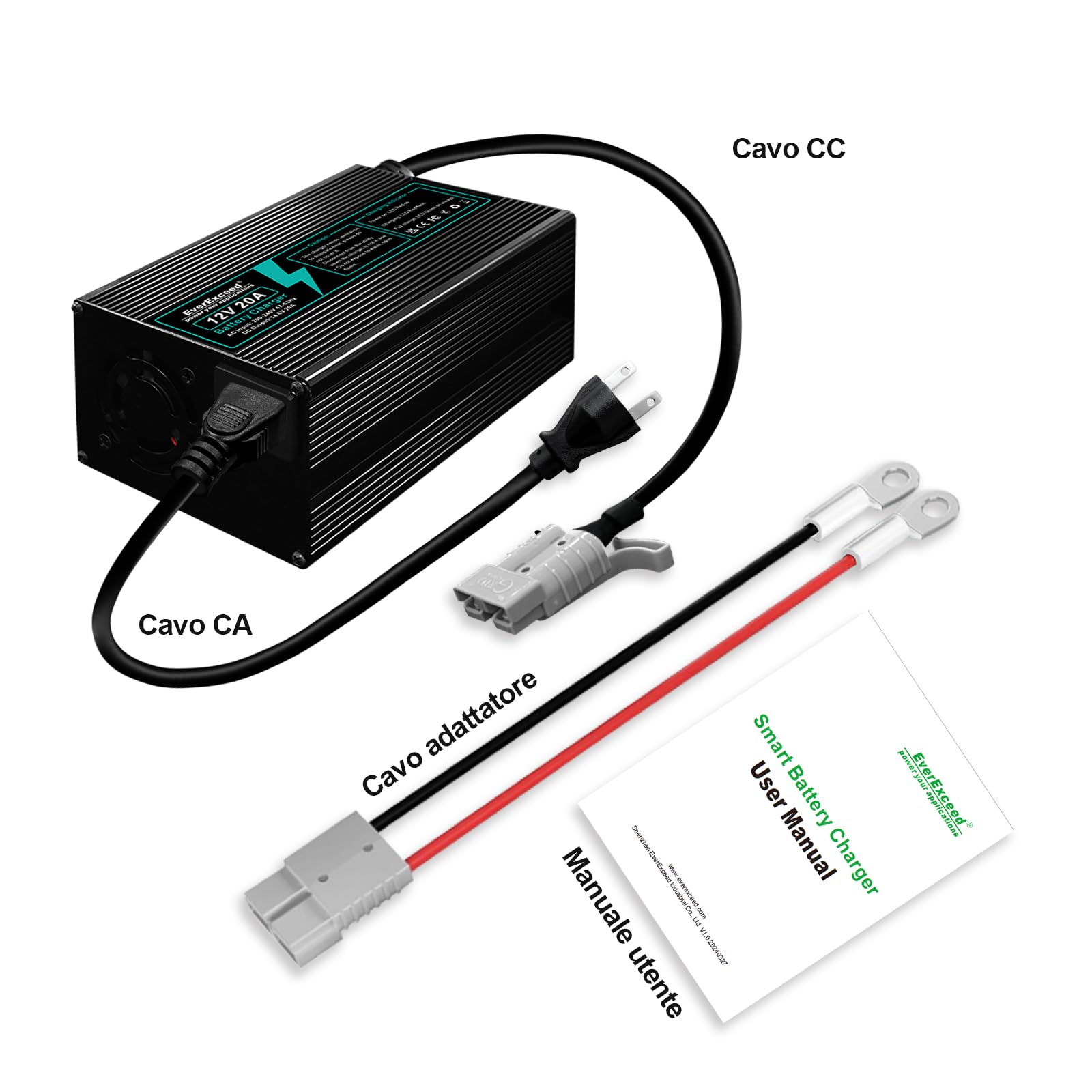 EverExceed Caricabatterie Lifepo4 12V 20A Lifepo4 Charger 14,6V AC-DC, Carica Batterie Litio 12V 20A per Lifepo4 batteria al litio a ciclo profondo di auto Marine RV