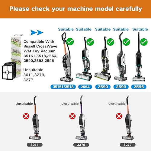 Miniatura 7 de Rollo de cepillo de repuesto para Bissell CrossWave HydroSteam 35518 Wet-DryVacuum 3518 2590 2593 2596 (2 rodillos+2 filtros Hepa)