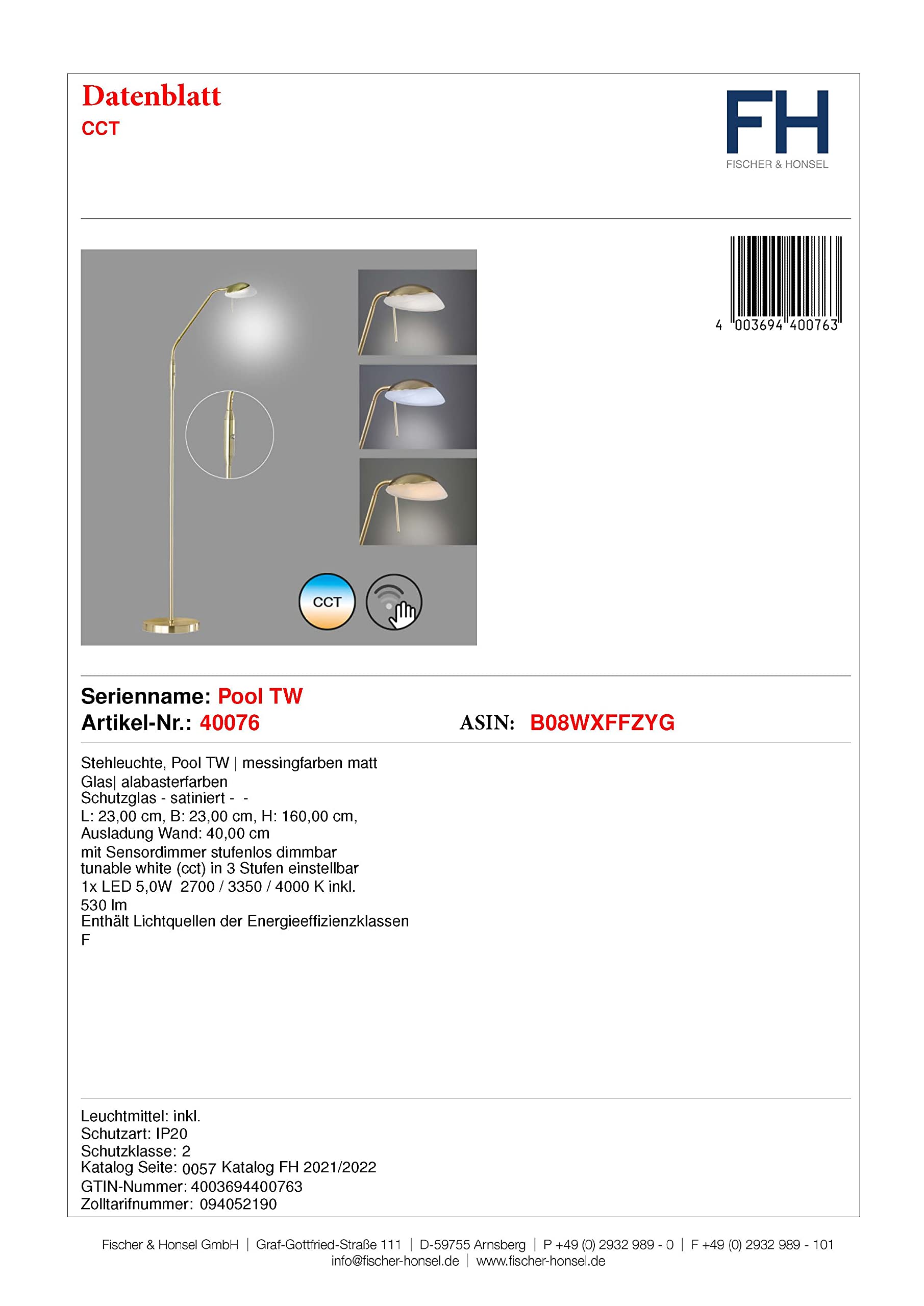Fischer & Honsel Stehleuchte Pool TW 1x LED 5,0 Watt, matt, messingfarben, 3 Stufen CCT, stufenlos dimmbar, Flexarm, 40076, 23 x 23 x 160 cm (LxBxH), 530 lm, 2700 K / 3350 K / 4000 K
