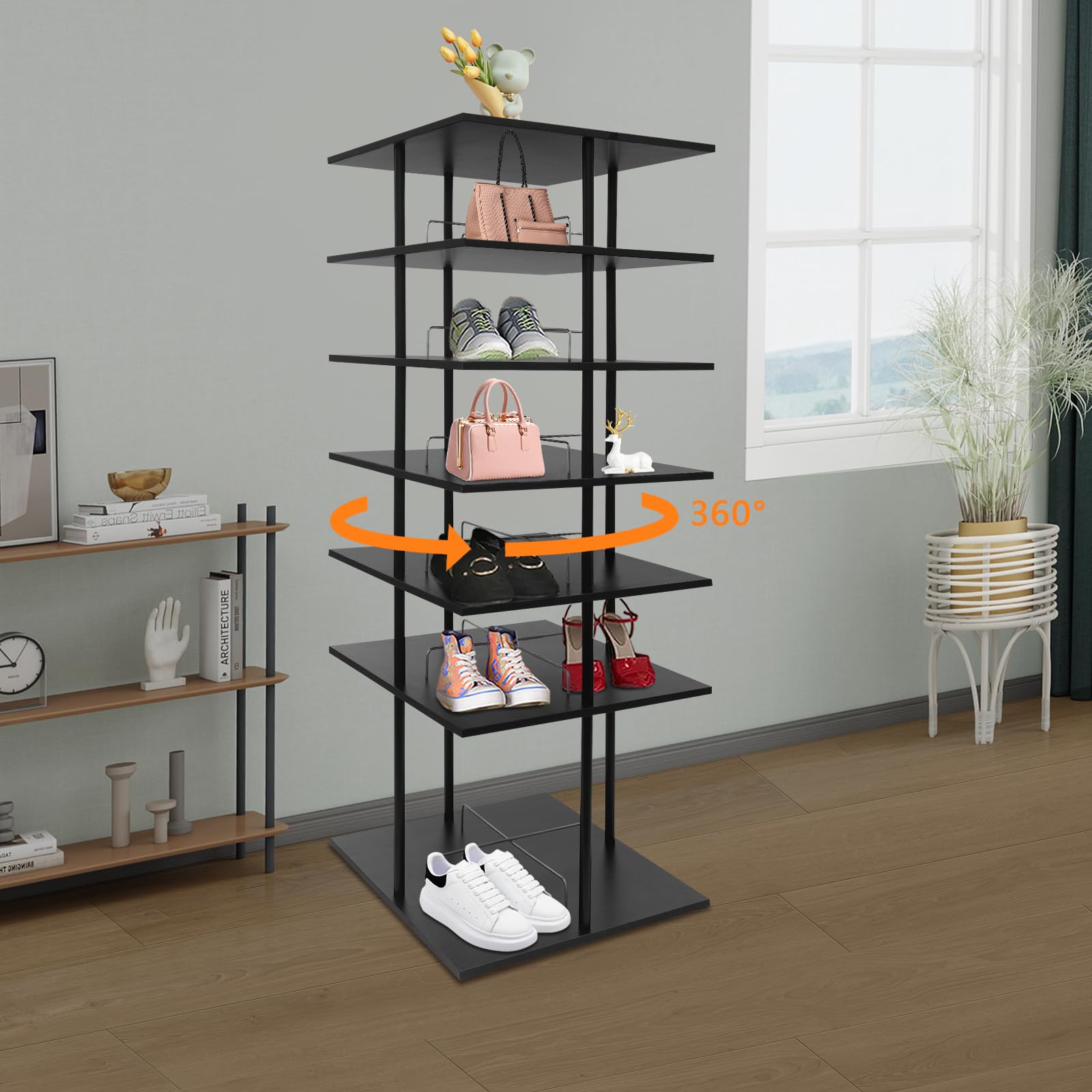 Drehbares Schuhregal 6 Ebenen, 360° Rotierender Schuhständer, Metall & Holz, Jede Ebene passen für 4 Paar Schuhe,Platzsparendes Aufbewahrungsregal,Für Flur, Schlafzimmer & Wohnzimmer, 57x57x155cm