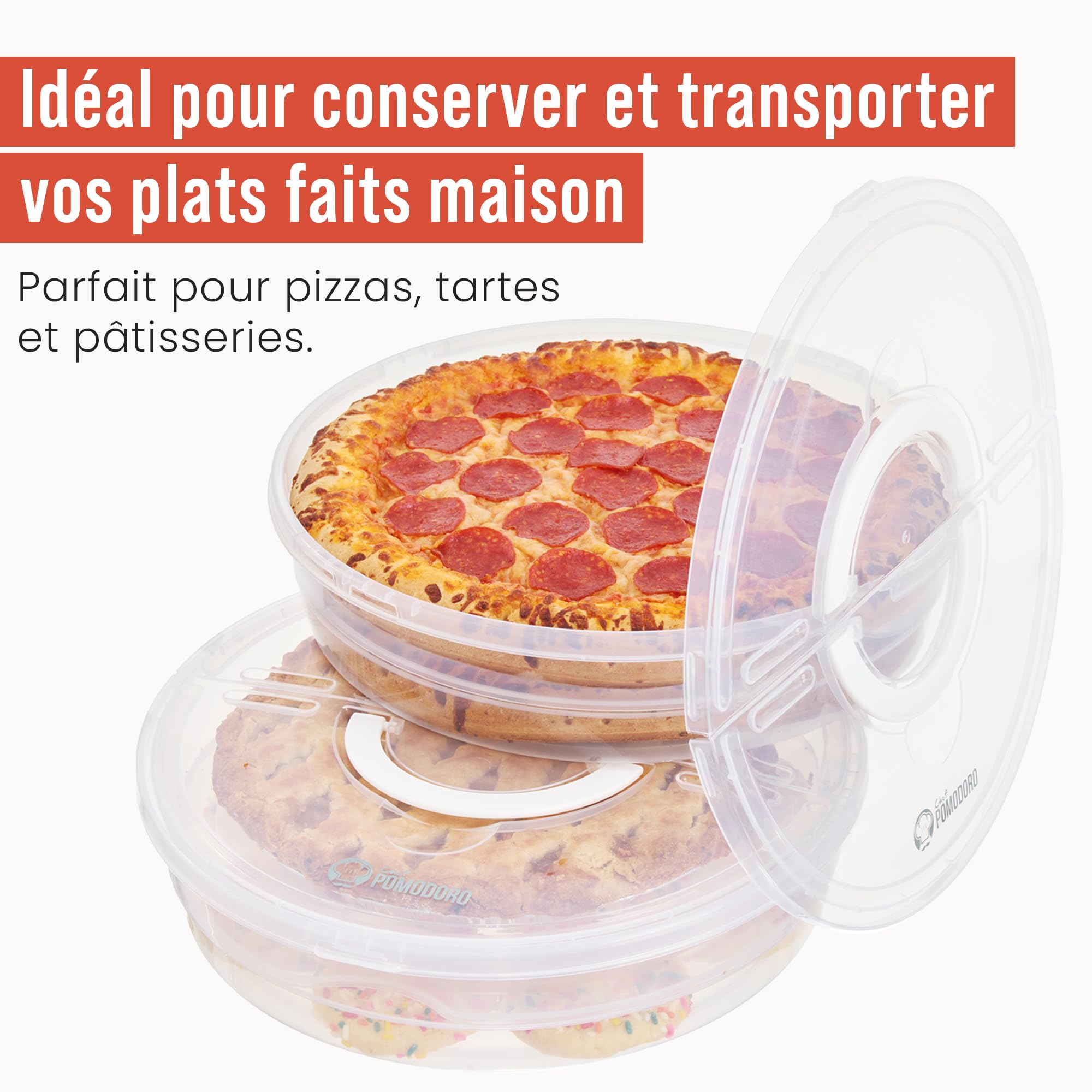 Chef Pomodoro 30,5 cm Boite à Pizza Ronde avec Couvercle, Rangement Compartiments pour Conservation et Transport, Gâteau Transportable Transparent, 2-Pack