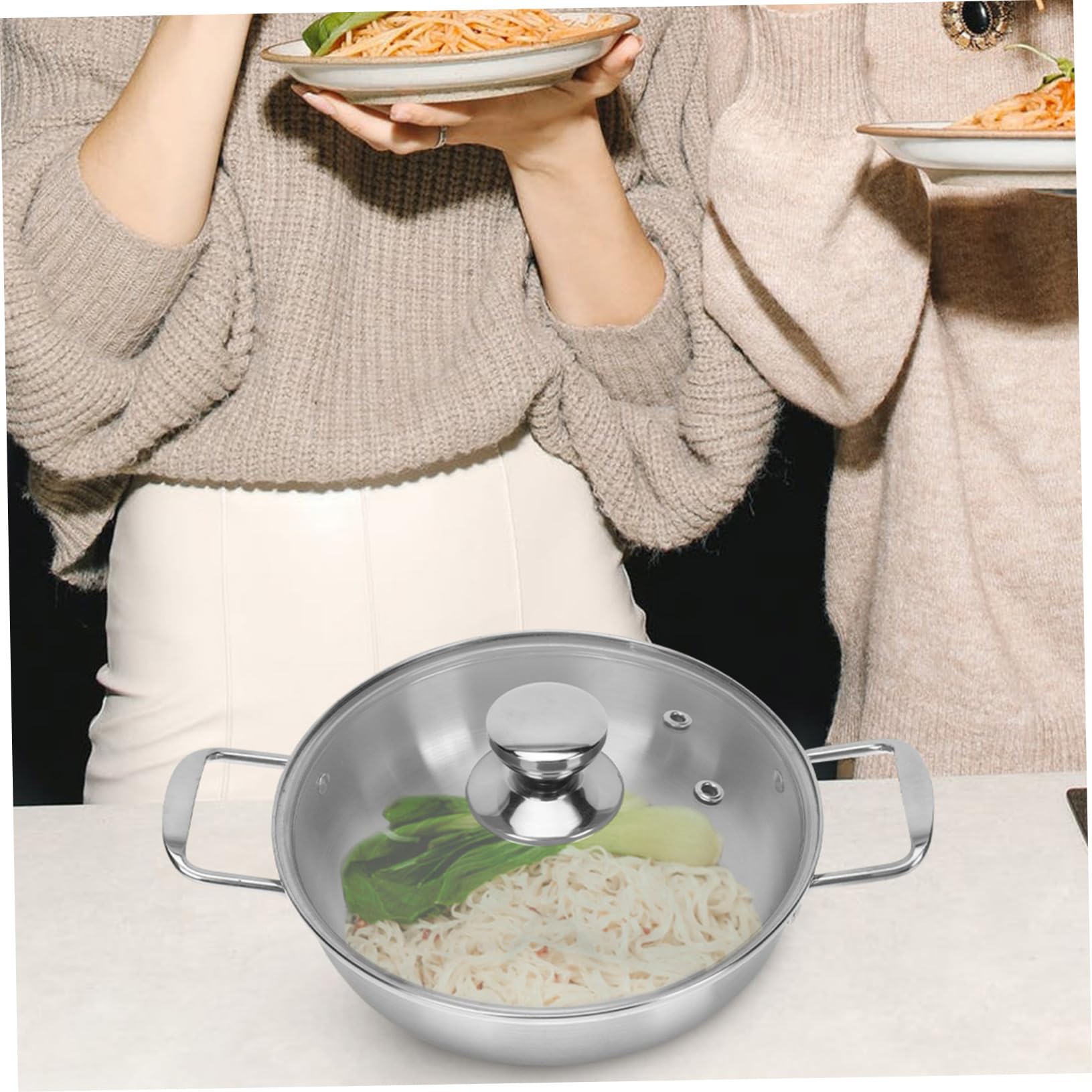 Pentola Ramen in Acciaio Inox a Fondo Piatto con Coperchio