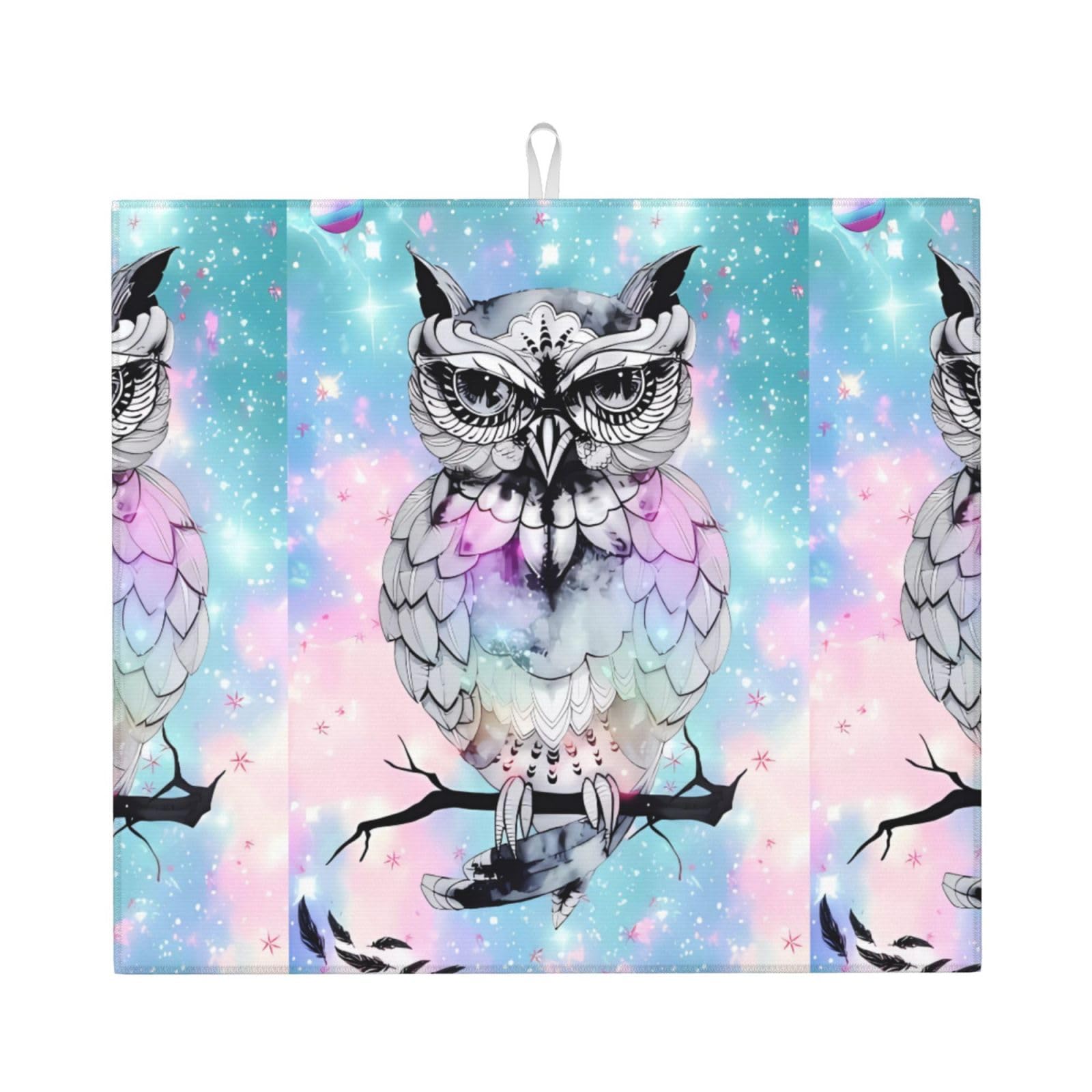 WHJSHOP Owl tree branch Prints Kitchen Drying Mat - Absorbent Dish Drying Throw with Vibrant Prints, Quick-Dry Countertop Layer for Dishes & Glassware - Non-Slip
