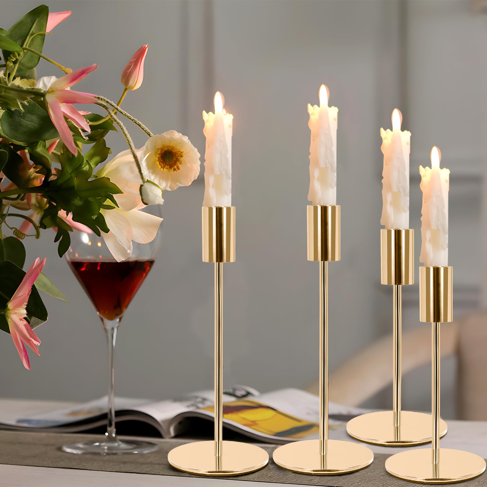MOYKSRR Portacandele in Metallo, Candelabro Set di 6 Oro Portacandele Tre Diverse Dimensioni 22.3/27.2/32.1cm, per Candele Coniche da 2.2cm, Candeliere per Matrimoni, Compleanni, Natale, Cena a Lume