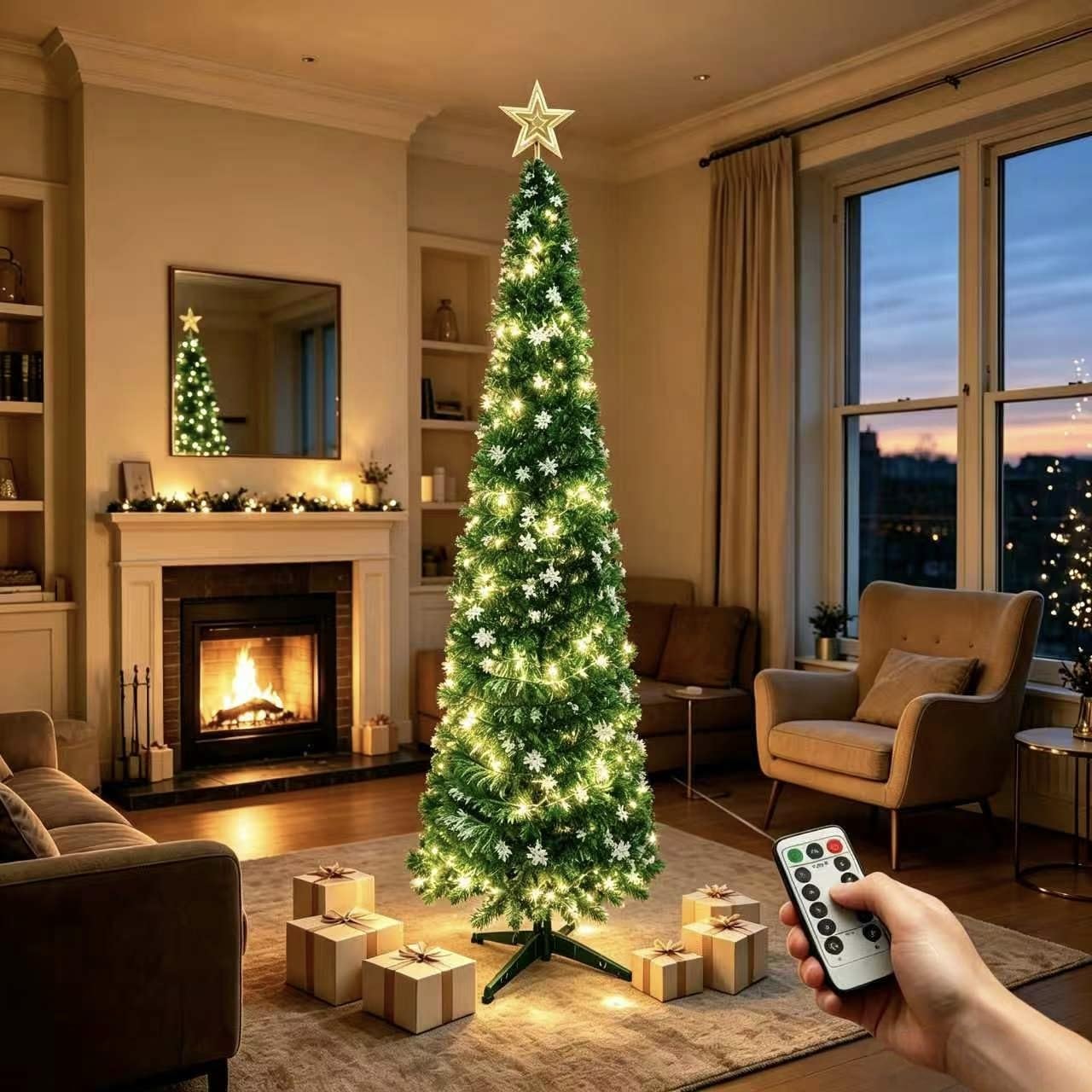 VeryMerry 5FT Pop Up Christmas Tree with Timer LED Lights, Green&White Tinsel Pencil Christmas Tree, Collapsible Artificial Xmas Tree
