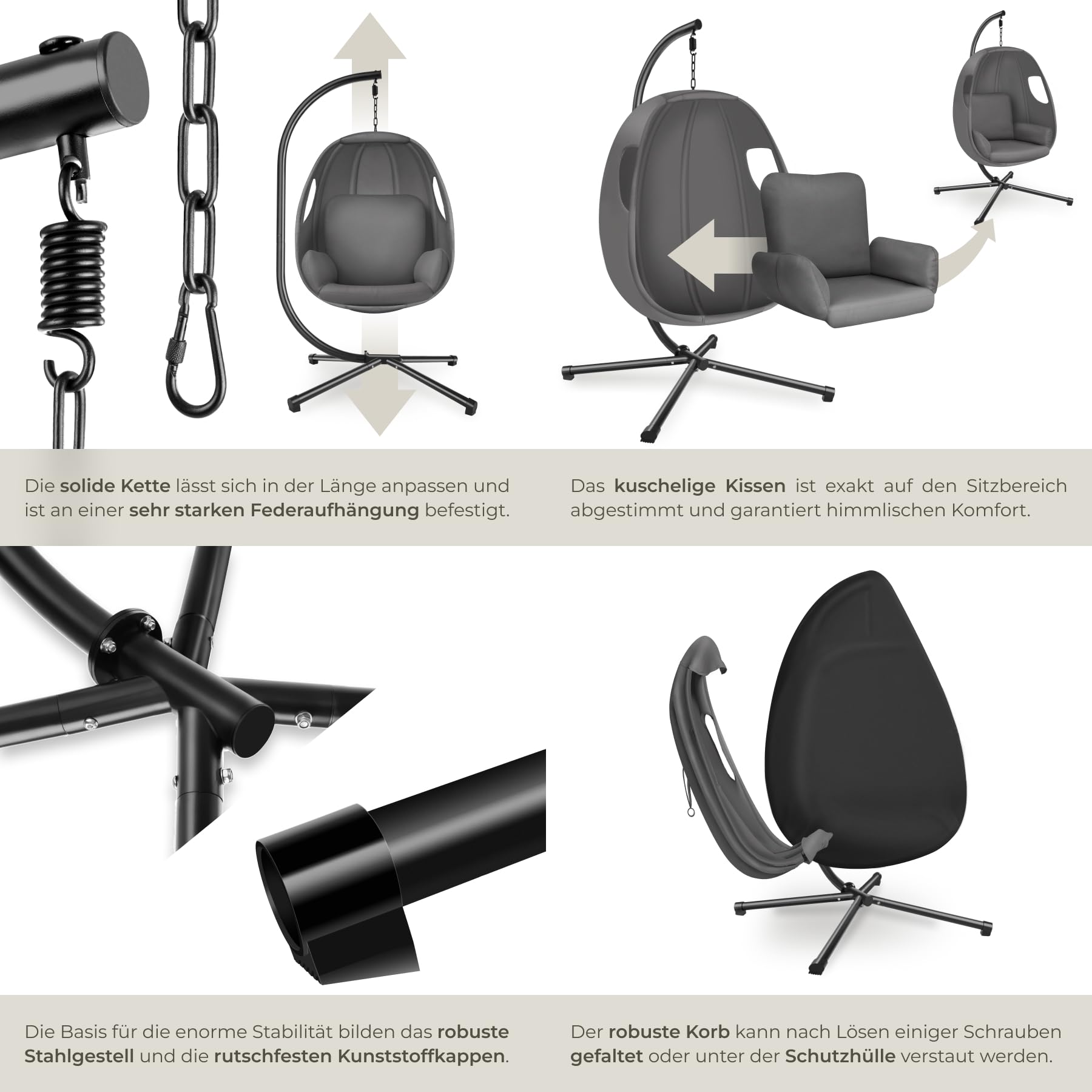 tectake® Hängesessel mit Gestell, Indoor oder Outdoor, Schaukel Sessel mit Kissen + Rückenkissen, Schaukelstuhl, Hängestuhl. Möbel für Wohnzimmer, Schlafzimmer, Balkonmöbel, bis 160kg (anthrazit)