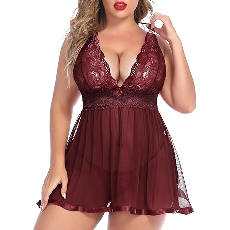 Women Plus Size Babydoll Lingerie Lace Chemise Mesh Sleepwear