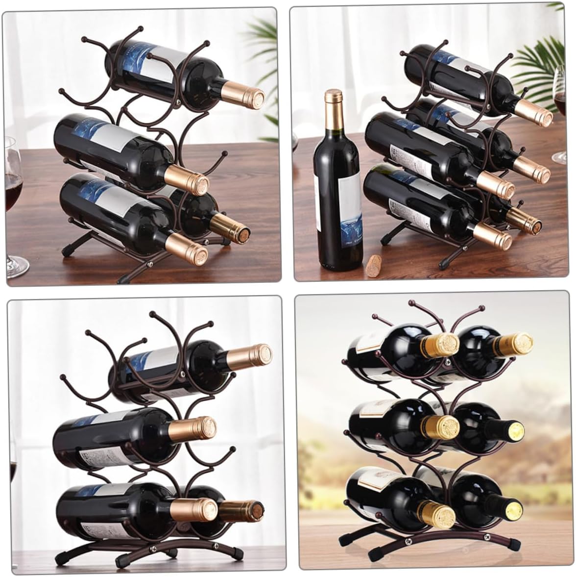 Vintage Hollow Iron Wine Rack 6-Bottle Countertop Holder Removable Copper Finish Wine Storage for Home Dining Room Display