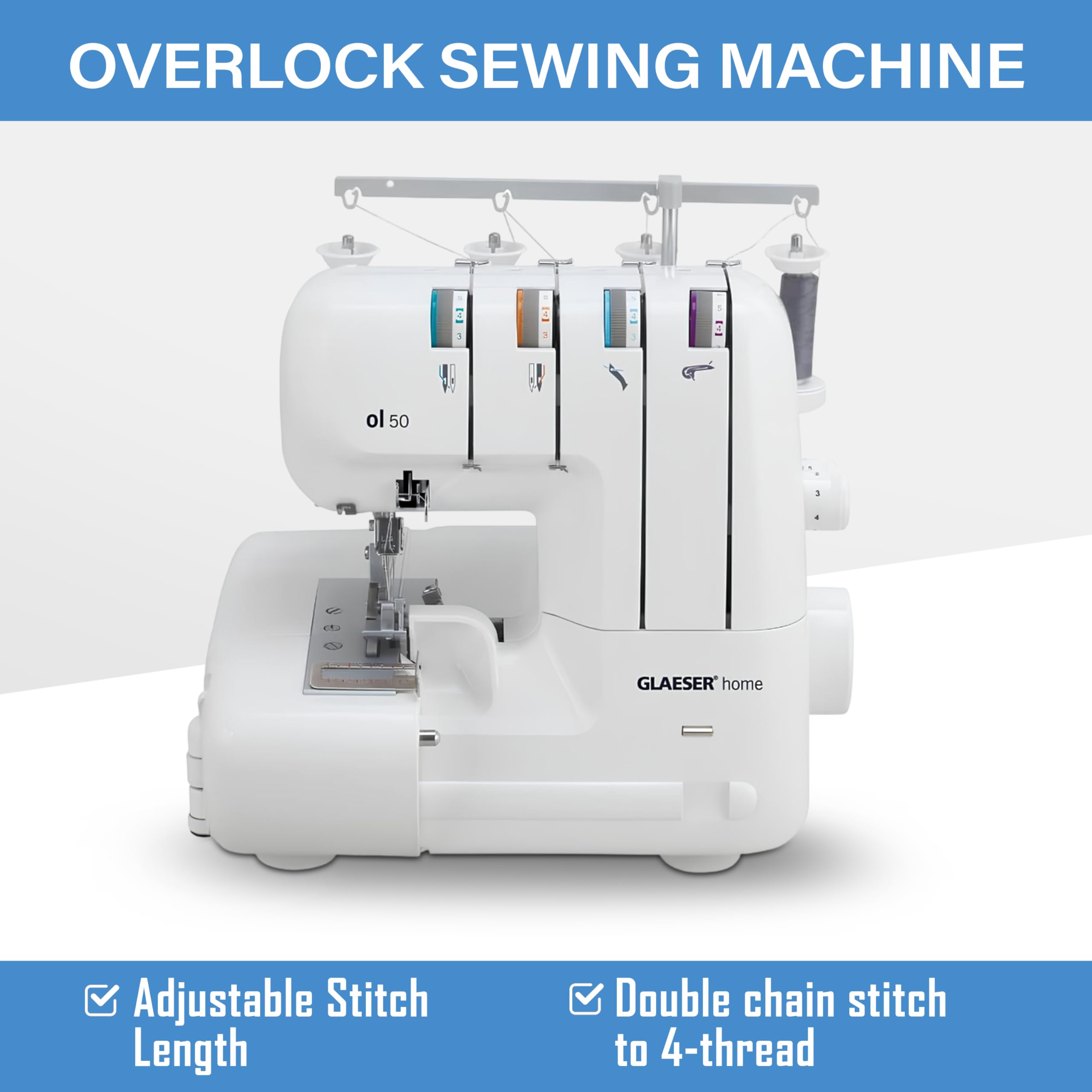 GLAESERhome | Overlock Nähmaschine ol 50 | Näht u. Schneidet in einem Arbeitsschritt | Overlock Maschine mit Einstellbarer Stichlänge | Einfach Handhabung