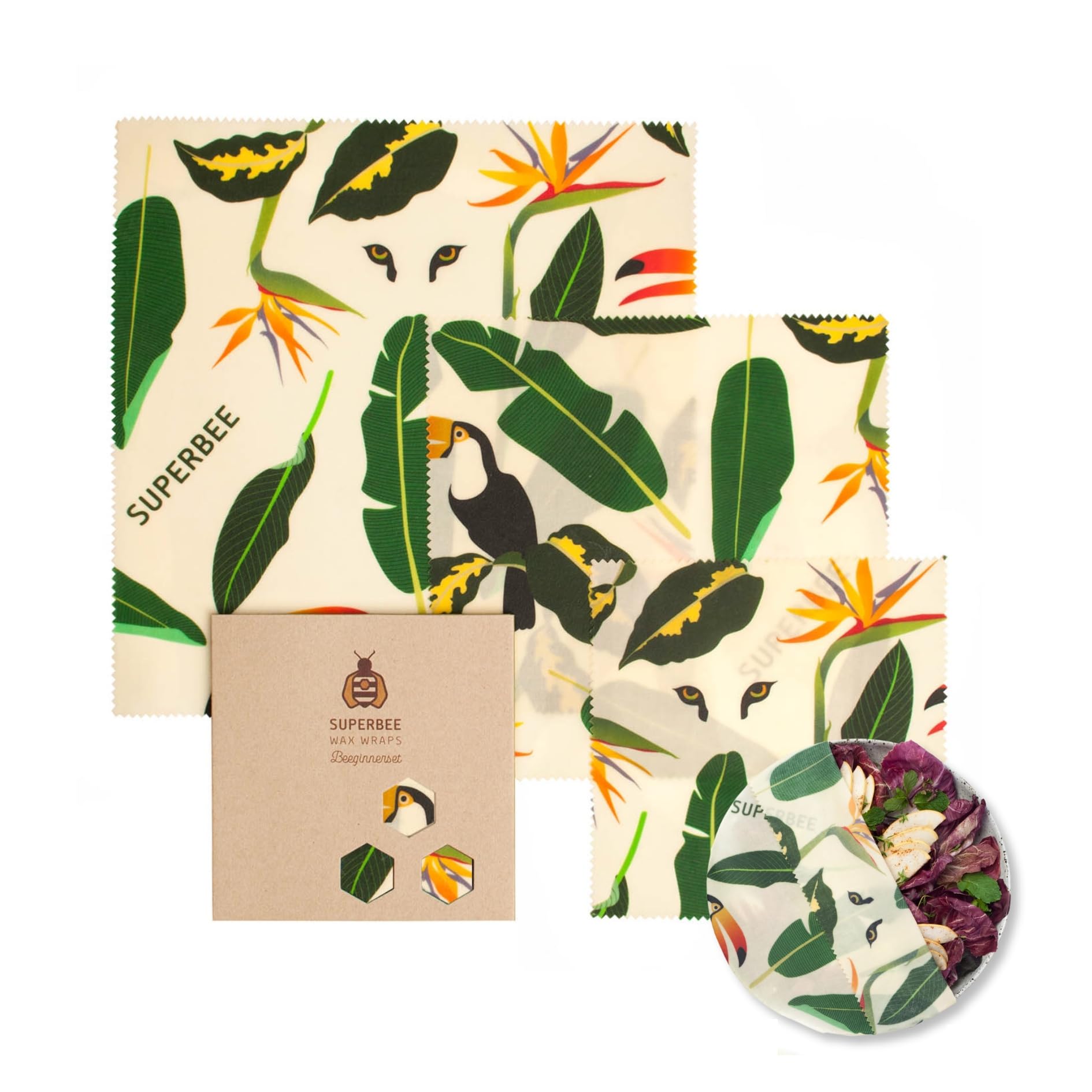 SUPERBEE Beeswax Wraps for Food, Set of 3 Reusable Beeswax Wraps, Sustainable Wax Paper for Wrapping Vegetables, Cheese, Bowls, and Sandwiches – Jungle