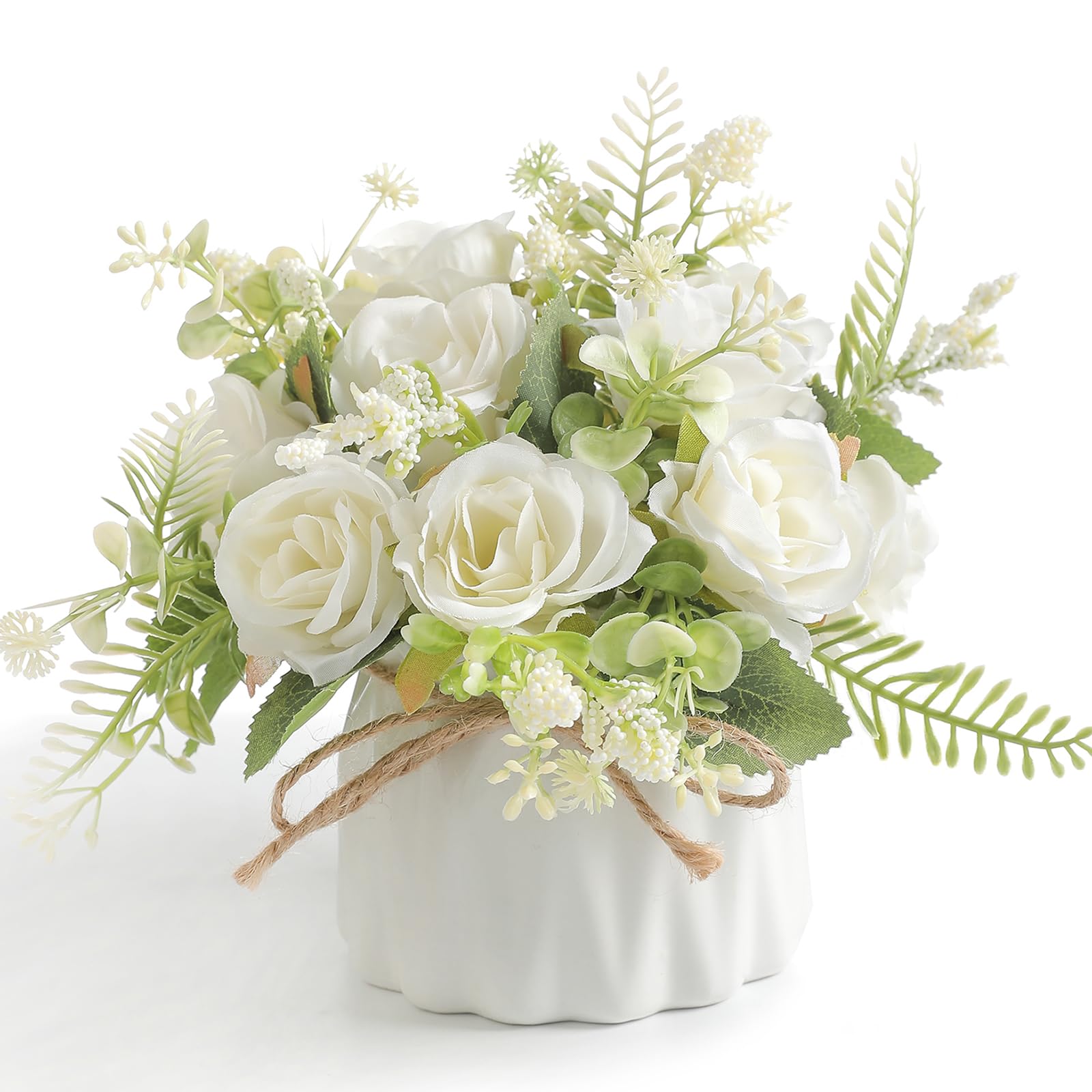 GLUUFLOWER Artificial Rose Bouquet with Small Ceramic Vase Fake Silk Variety Hydrangea Flowers Decoration for Table Home Party Office Wedding