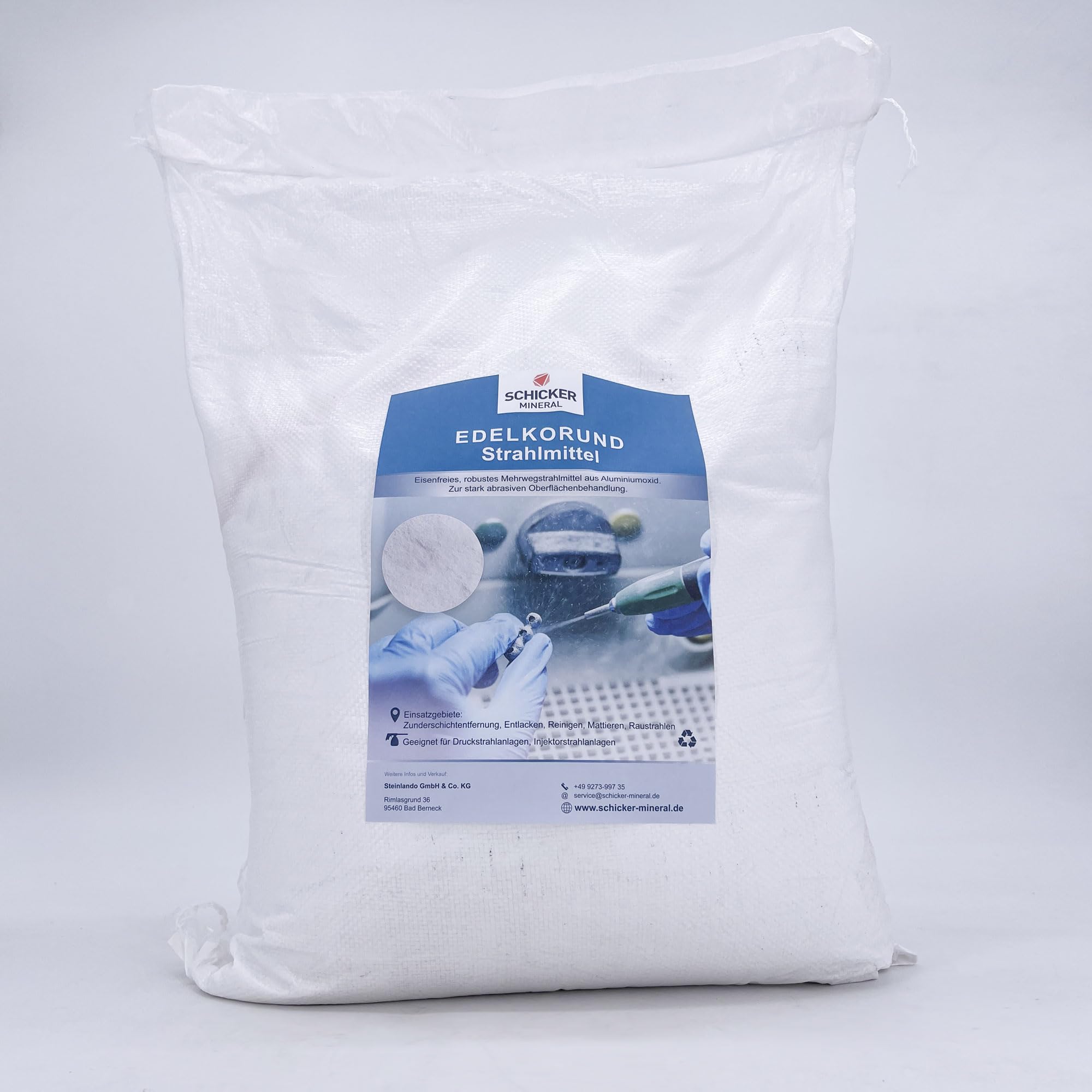 Schicker Mineral Edelkorund Strahlmittel weiß F120 90–125 µm 25 kg, eisenfreies Mehrwegstrahlmittel aus Aluminiumoxid, extreme Härte, höchste Reinheit