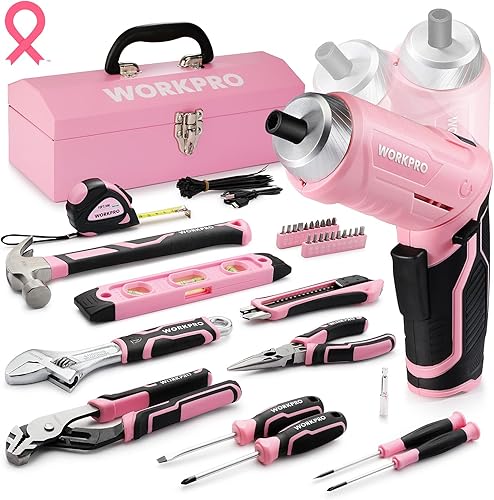 WORKPRO Juego de herramientas rosadas de 75 piezas, destornillador inalámbrico giratorio de 3.7 V y kit de herramientas para el hogar, juego de