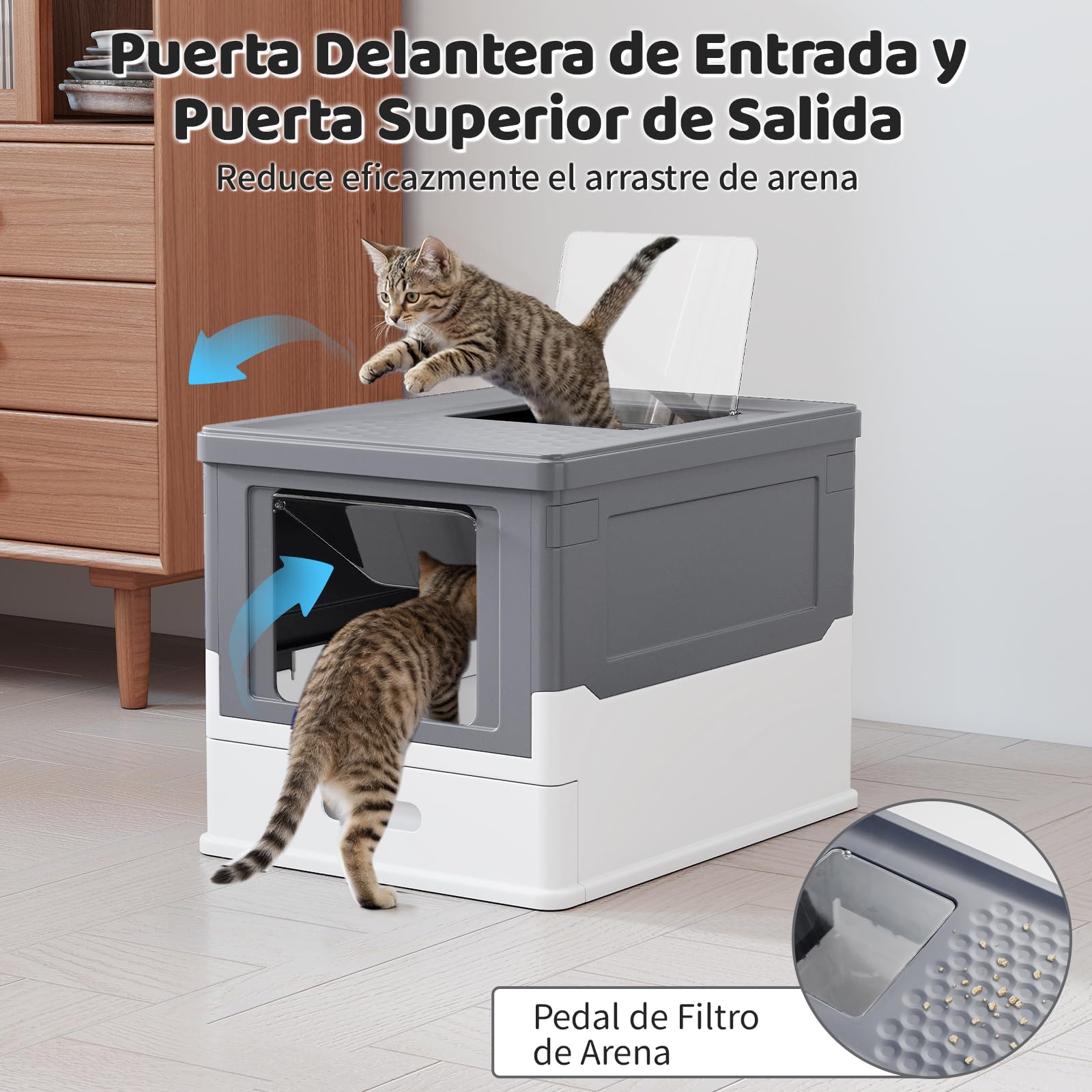 COSTWAY Arenero para Gatos Cubierto, Caja de Arena para Gatos Grande con Entrada Frontal y Salida Abatible, Bandeja Portátil, Cajón, Arenero Cerrado Plegable para Gato, 50x38x37 cm (Gris + Blanco)