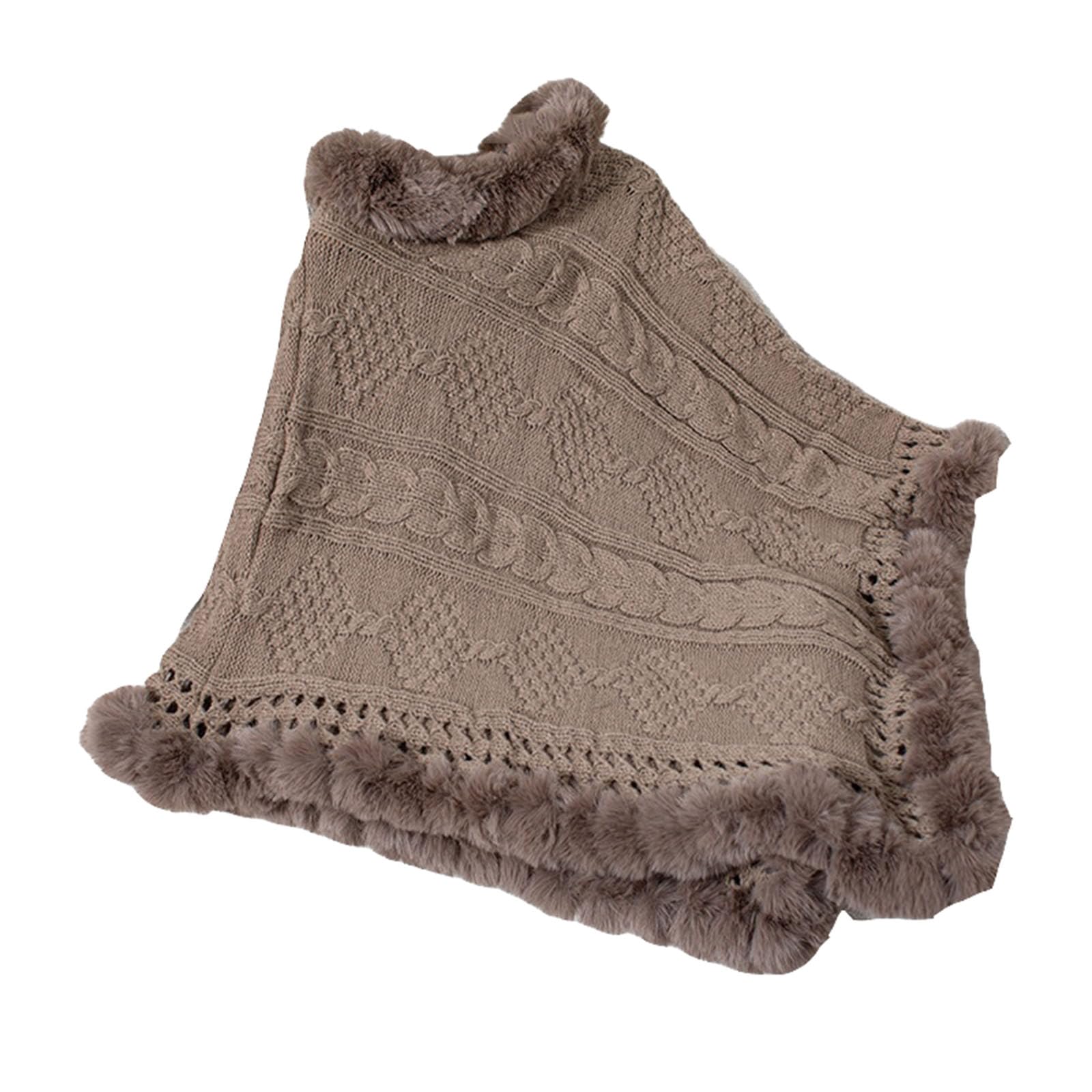 Femmes Fuzzy Hem câble Tricot Poncho, Pullover à col de Tortue en Tricot Solide Gros, vêtements d'hiver décontractés Confortables Oversized
