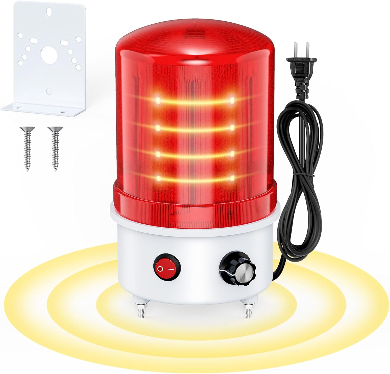 Industrial LED Rotating Warning Siren Light with Bracket Mount, Red 0–120 dB with Buzzer, 100–240V AC Wide Voltage, 4W ABS IP65 Waterproof Strobe, Bolt Mount Alarm Sign Light for Factory, Construction
