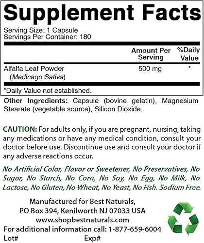 Best Naturals Alfalfa Green Super Food 500 mg y óxido de magnesio 500 mg