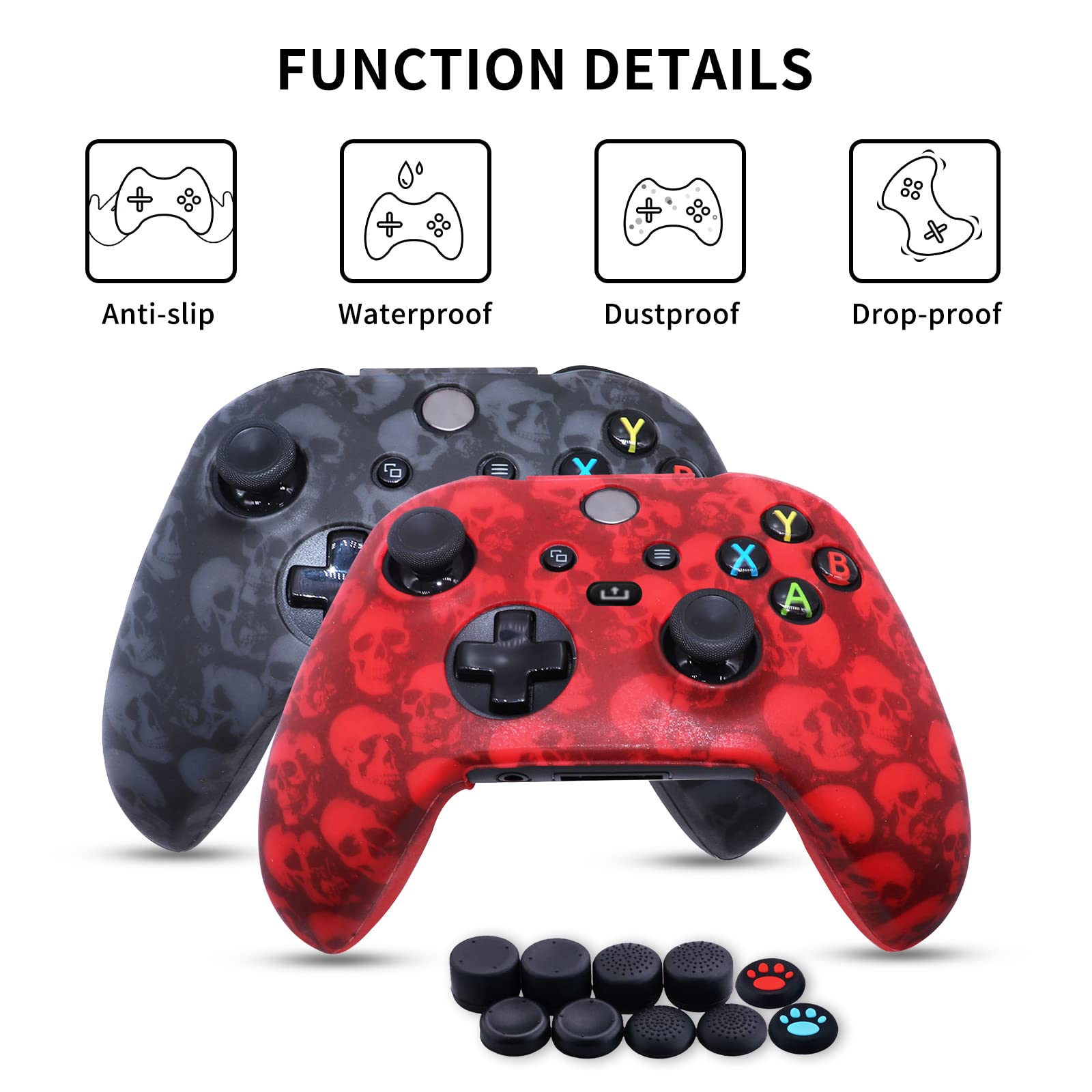[2PCS] Jusy Xbox Series X/S Manette Housse en Silicone Coque, Atidérapante, Ensemble D'accessoires de Protection, avec 10 Poignées pour Le Pouce (crânes comiques)