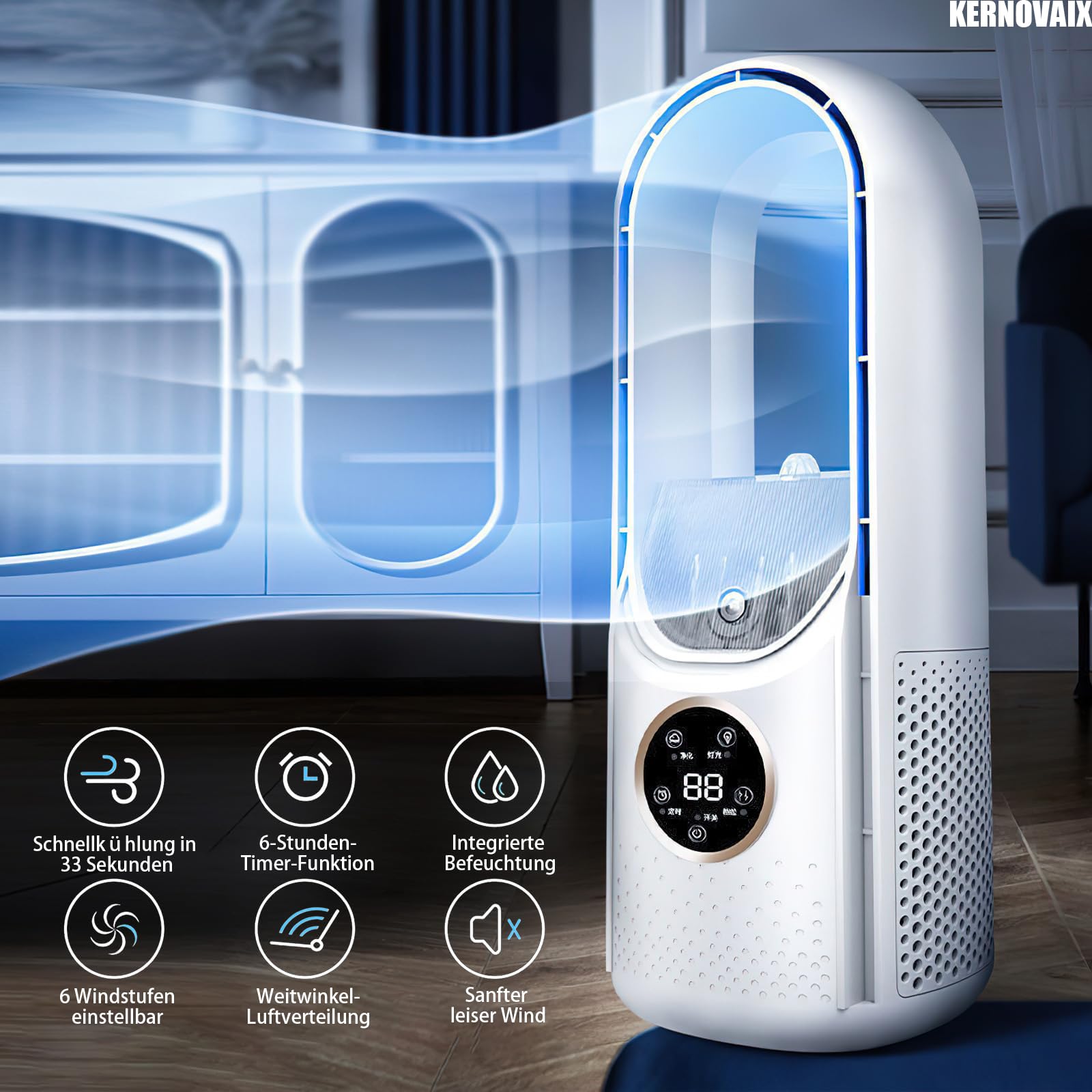 Ventilatore da tavolo senza pale, 6 livelli di velocità del vento, USB con umidificatore, timer, luce LED, silenzioso, funzionamento touch, per camera da letto, ufficio, casa e ufficio