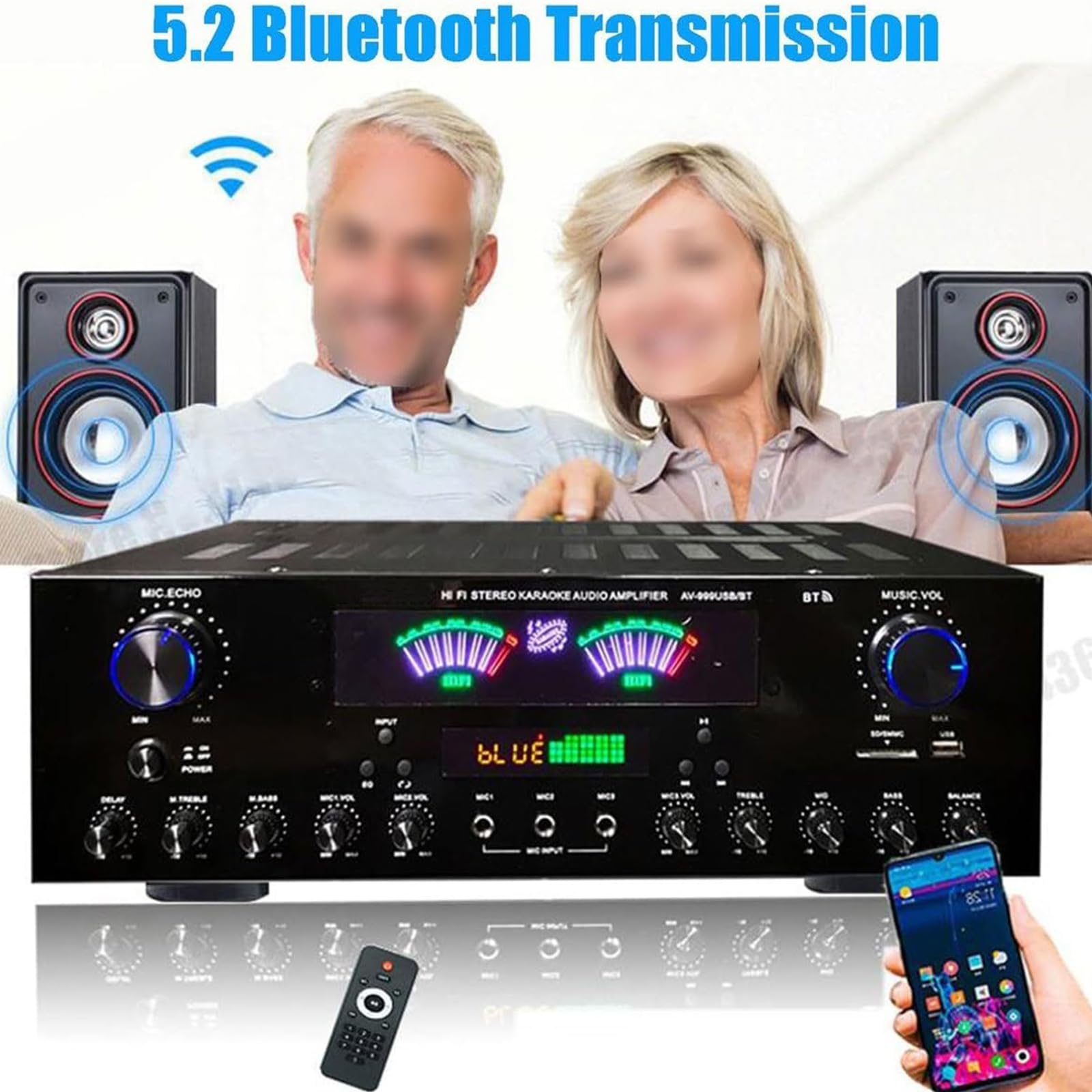 Wzmacniacz Audio Stereo 7 Kanałów, Odbiornik Kina Domowego Bluetooth 5.2 HiFi Z Radiem FM, Wyświetlacz LCD I Pilot, Obsługuje USB SD RCA Do Głośników Karaoke
