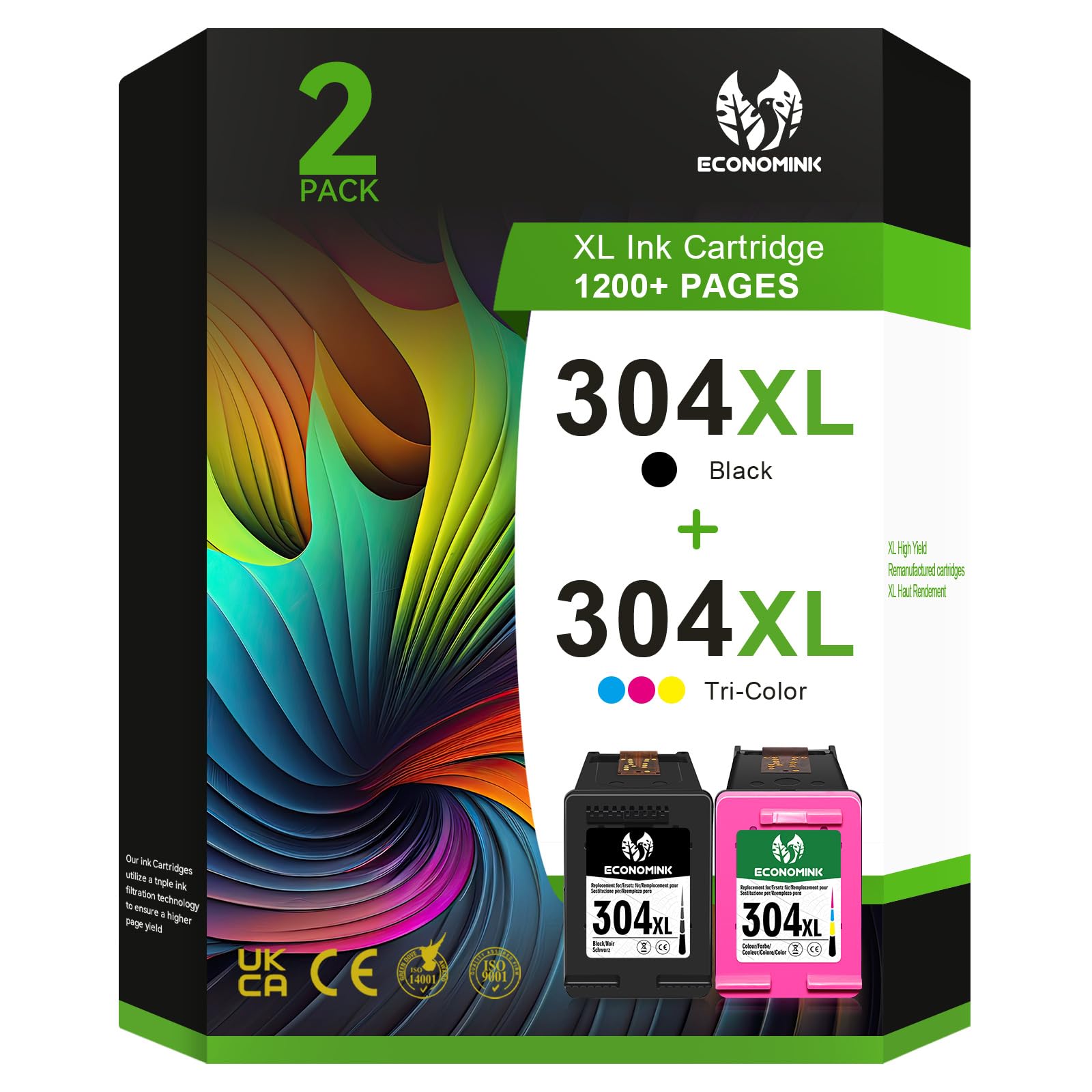 Economink Cartuccia 304 Nero e Colore, Cartucce 304 XL Sostituzione per HP 304, per OfficeJet 3831 5232 4650 4658 5230 DeskJet 3630 3636 3639 Envy 4524 4527 Stampanti (2-Pack)