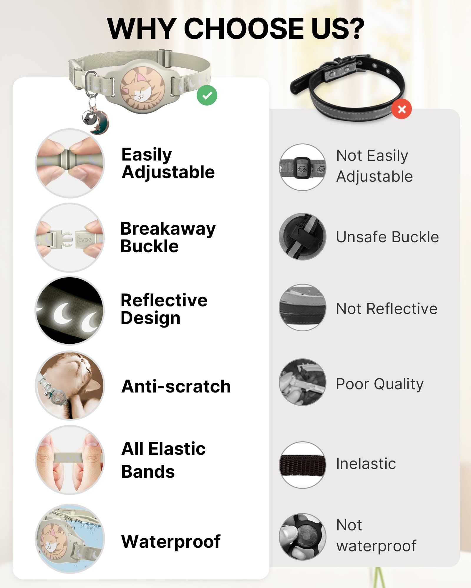 Collar de gato con soporte para Airtag, collar de gato Breakaway Airtag para Apple Air Tag con patrón luminoso y reflectante, collares GPS impermeables para niños y niñas, gatos con campana, caqui