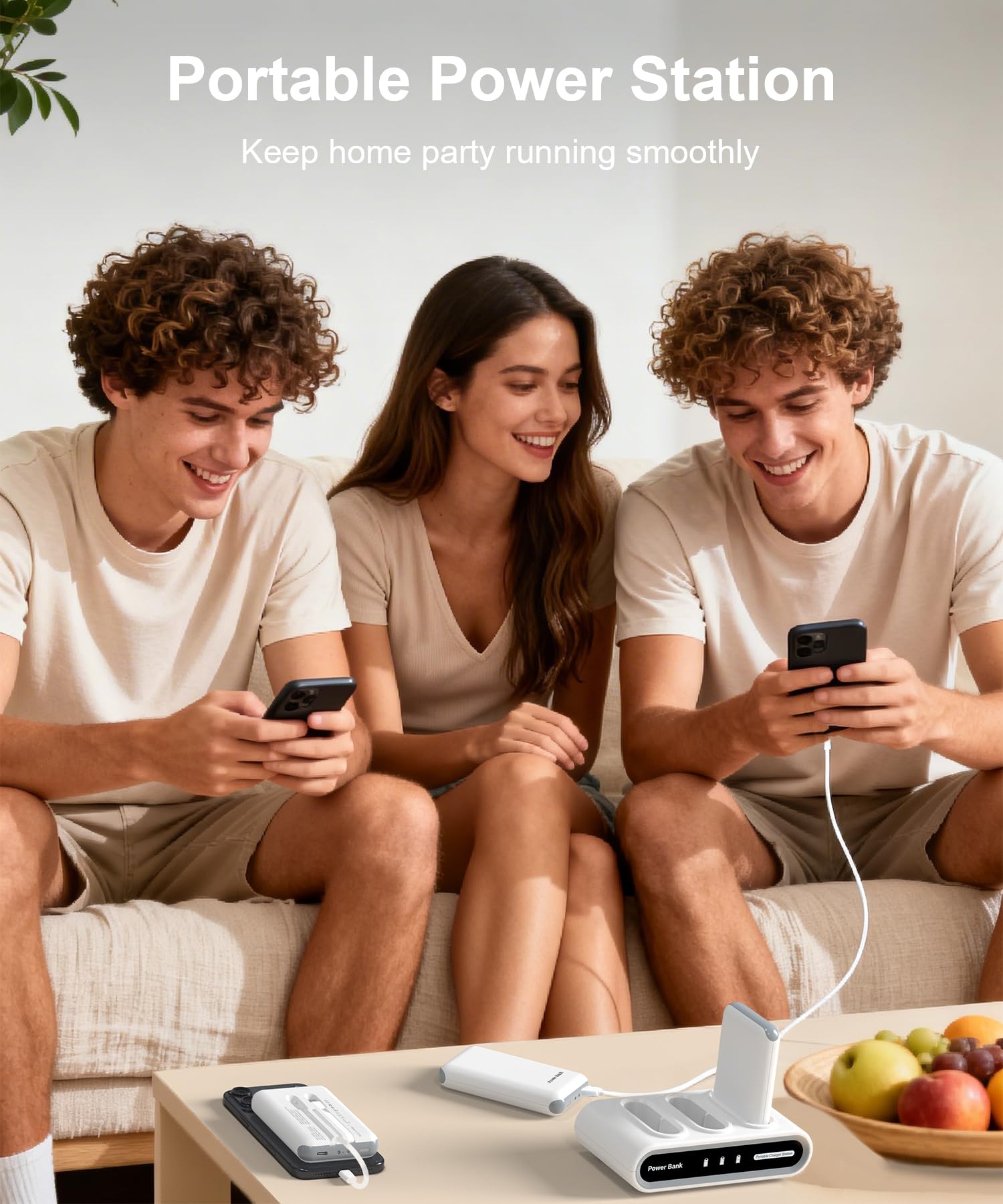 Powerbank mit Ladebasis, 3 Stück 9000mAh Powerbank Klein mit Kabel | USB-C Ausgang/Eingang für 9 Geräte Gleichzeitig und iPhone Samsung, Ladestation für Familien, Zuhause, Büro, Camping