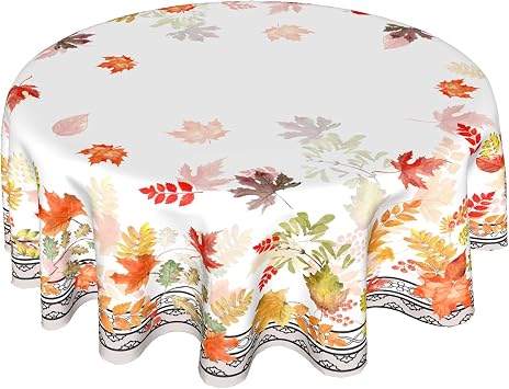 Sweetshow Thanksgiving Tablecloth Round 60 Inch Autumn Watercolor Leaf Table Cloths Polyester Fabric Fall Leaf Seasonal Table Cover for Kitchen Dining Room Picnic Party Autumn/Fall Outdoor