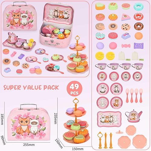 Miniatura 2 de Juego de fiesta de té de gato para niñas pequeñas, 49 piezas, juguete de simulación, regalo de cumpleaños para niños pequeños de 3, 4, 5, 6 años,