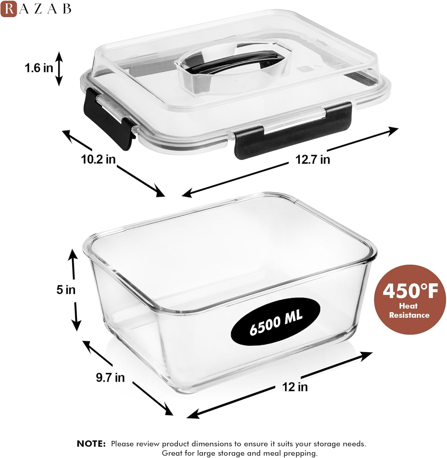 Razab 6500ml / 220 Oz / 28 Cups Extra Large Glass Food Storage Containers with Lids - Leakproof Glass Meal Prep Containers with Locking Lids for Roasting & Storing Leftover - Microwave & Oven Safe
