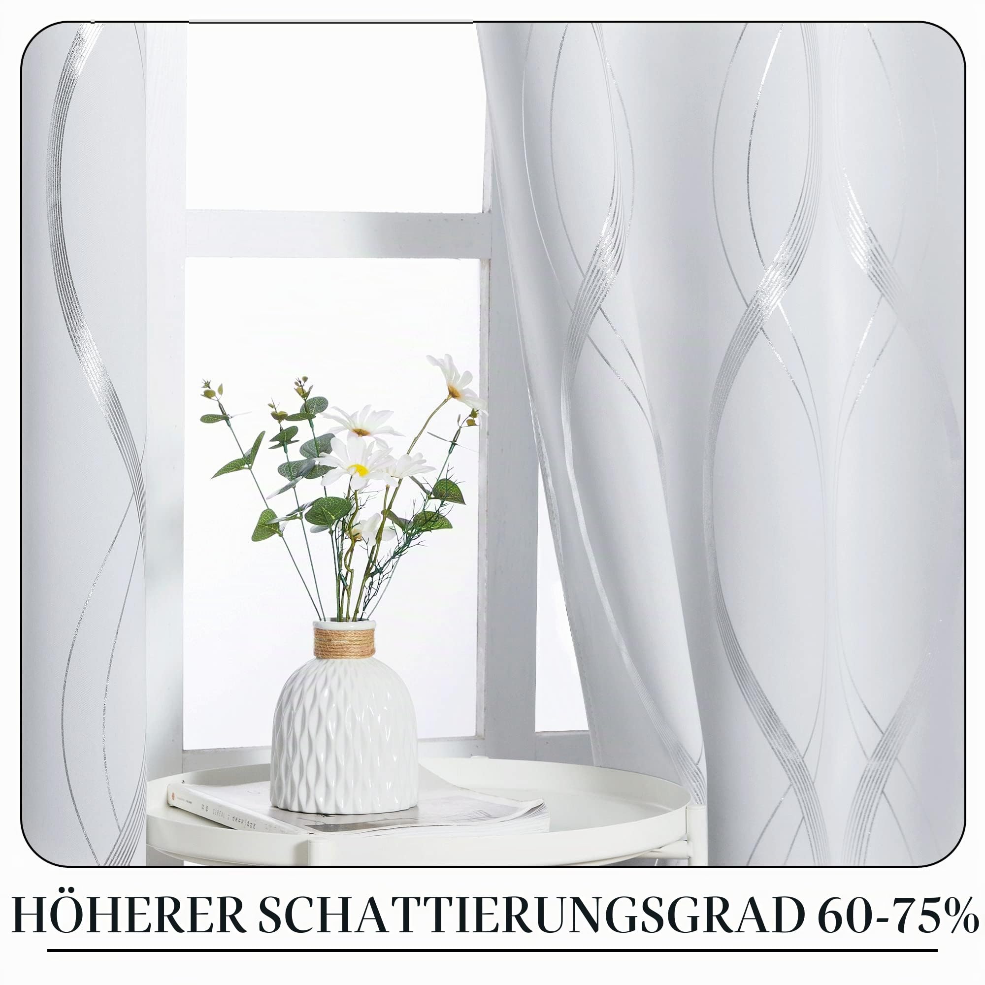 PONY DANCE Vorhänge Wohnzimmer Modern Abdunkelnde Vorhänge mit Linien-Foliebdruck Ösenvorhang 2er Set Wohnzimmer Gardinen Weiss Blickdicht H 220 x B 140 cm, Grau-weiß