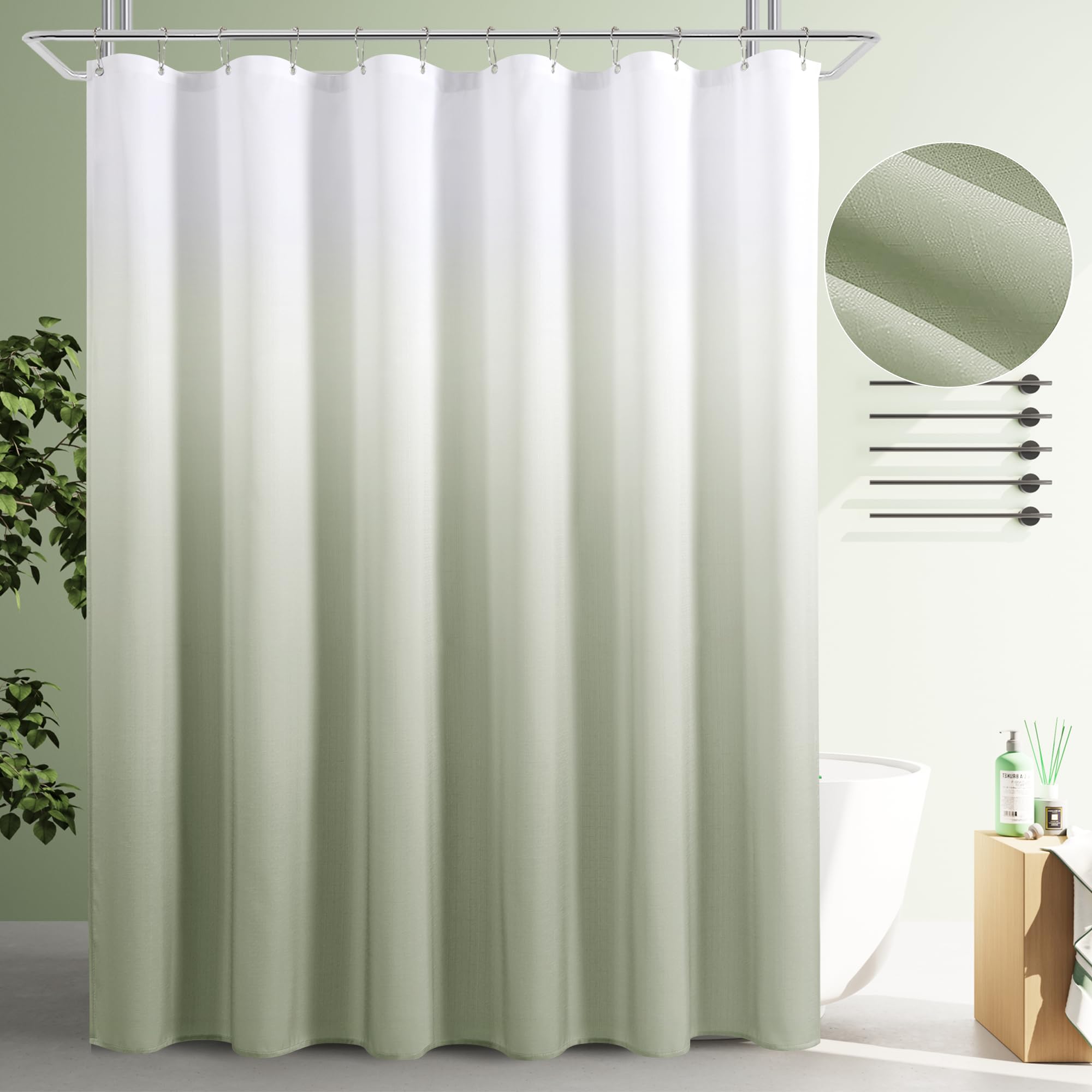 SPWIY Sage Green Shower Curtain，Polyester Ombre Shower Curtains for Bathroom，Green and White Gradient Fabric Bath Decor Set, Washable，72 x 72