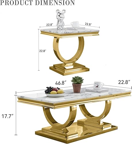 Miniatura 3 de Juego de 2 mesas de café de mármol, juego de mesa de sala de estar de 2 piezas que incluye 1 mesa auxiliar y 1 mesa auxiliar, moderna mesa auxiliar