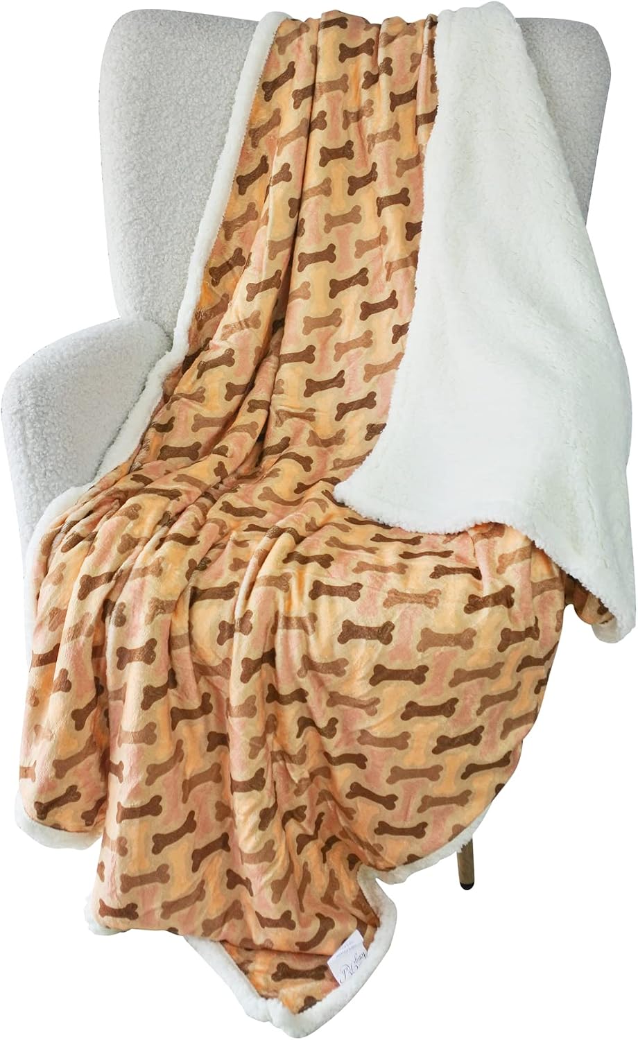 Longrich Flannel Dog Bone Print & Ultra Soft Sherpa Throw Blanket, 60" L X 50" W, Taupe