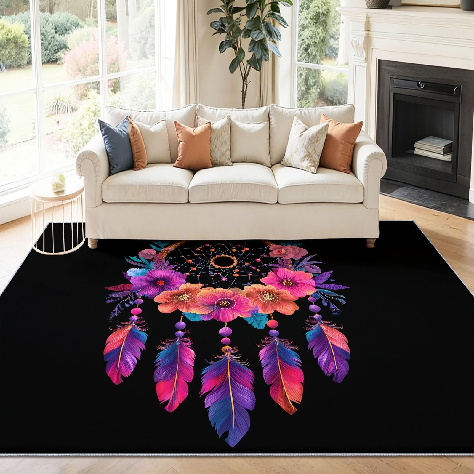 Dywan w stylu etnicznym łapacz snów, pióra, kwiatowy dywan do sypialni, 160 x 230 cm, można prać w pralce, antypoślizgowy, wielokolorowy dywan do spokojnego akcentu sypialni, odporny na plamy dywan z
