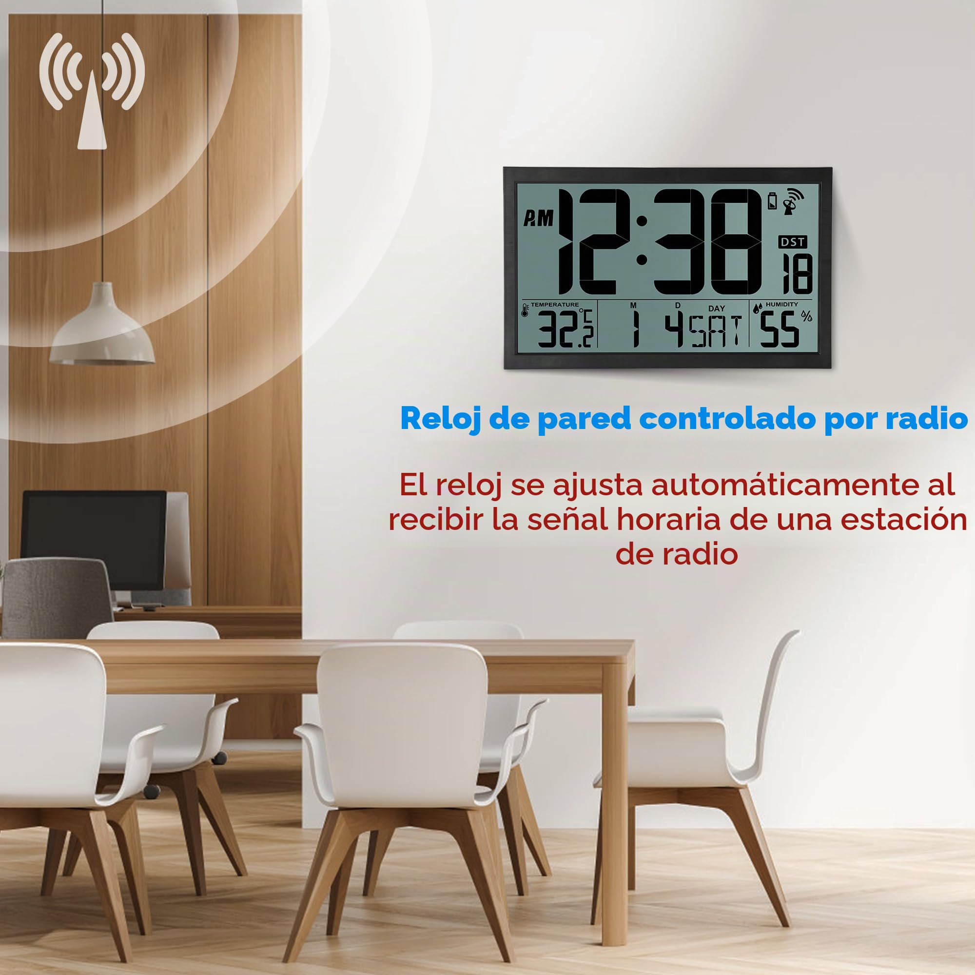 Sukeen Reloj de pared LCD controlado por radio, grande, digital, funciona con pilas, reloj atómico de escritorio de 16.7 pulgadas con temperatura, humedad, fecha, día, DST para oficina en casa