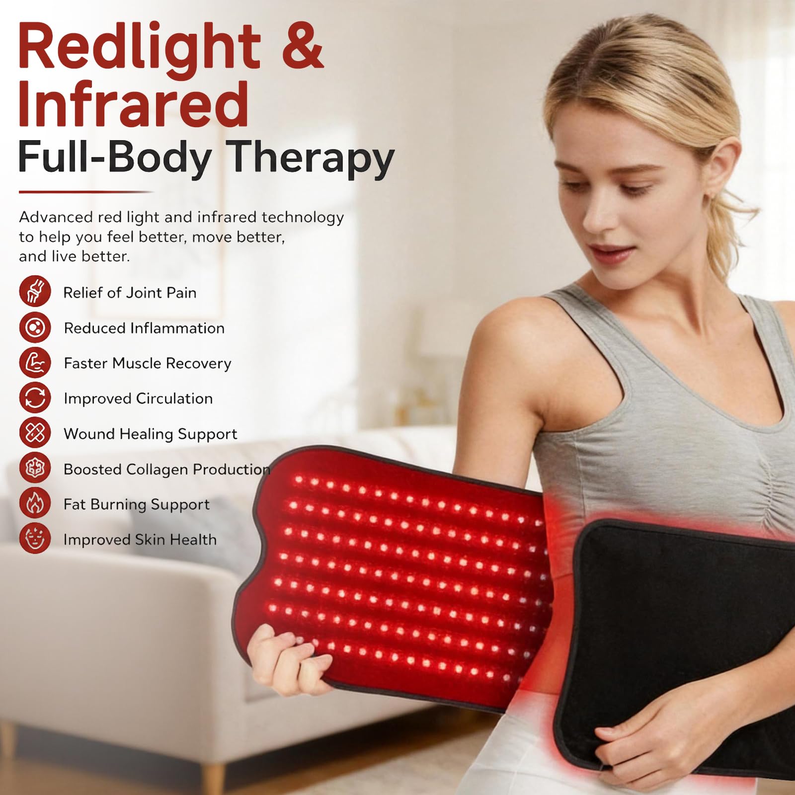 Ceinture de thérapie à lumière rouge à 210 LED, tapis de thérapie à lumière rouge, 660 nm et 850 nm, thérapie par lumière infrarouge, tapis chauffant électrique, 5 niveaux de luminosité et 5 réglages