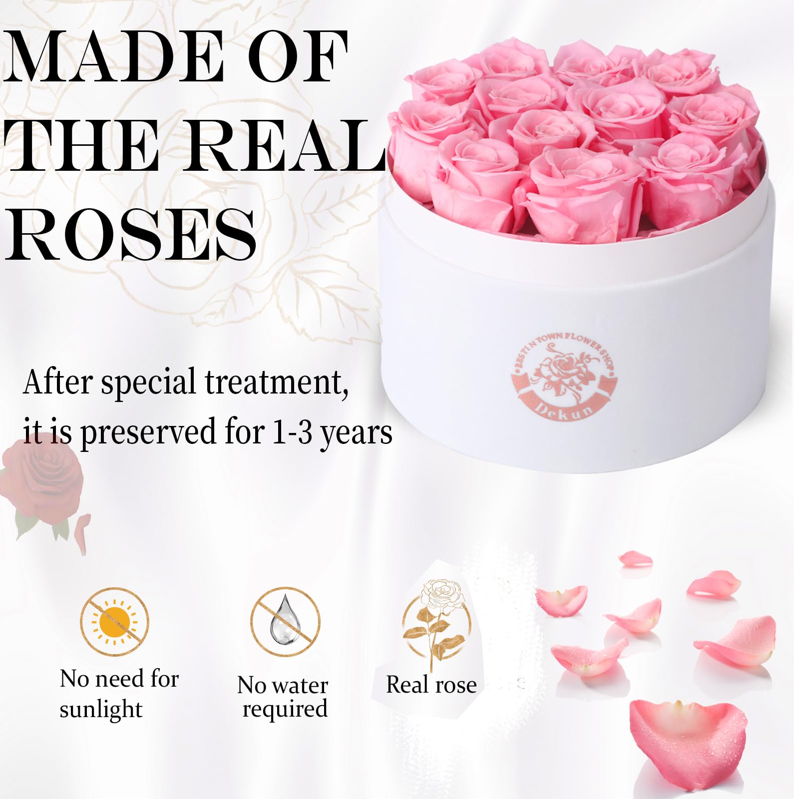 Dekun Preserved Roses Gift Box,12 Genuine Roses,Premium Fresh Cut Roses, Real Roses That Last a Year,Gifts for Women (Pink) - Image 3