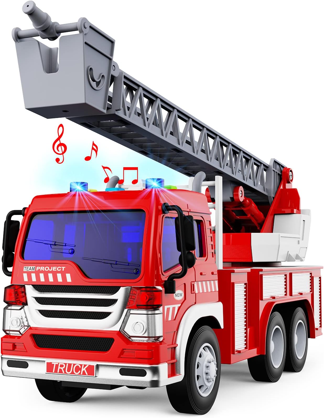 Gizmovine Fire Truck Toy for Kids with Lights and Sounds, Extending Rotating Ladder Rescue Construction Vehicles Pull Back Firetruck Toys for 3 4 5 6 Years Old Boys and Girls Gift