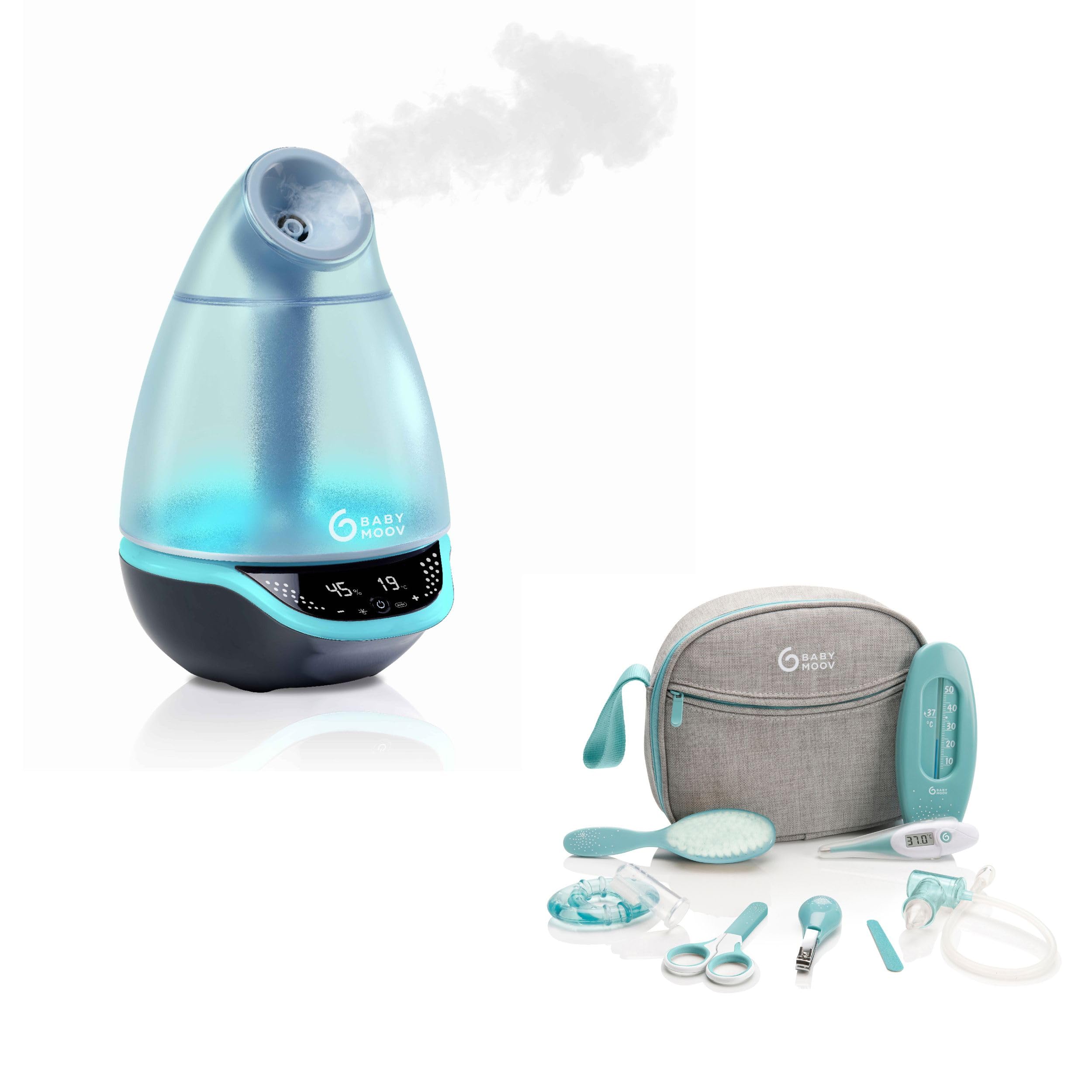 Babymoov Pack Humidicateur d'air Hygro(+) + 1 Trousse de soin bébé 9 accessoires, Aqua - Vapeur Froide - Ultra Silencieux (25dB) - Diffuseur d'huiles essentielles